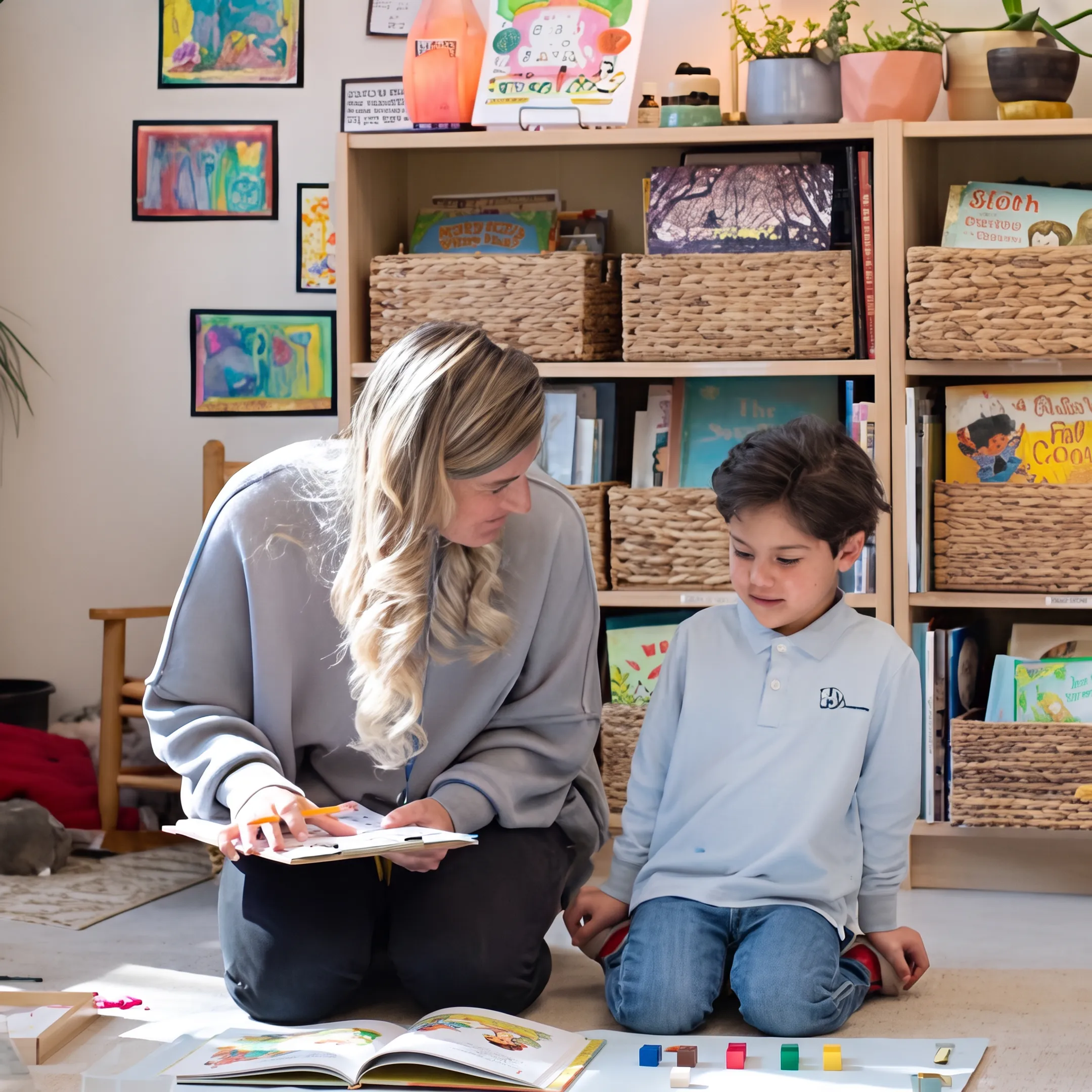 Parent and kindergartener learning together at home