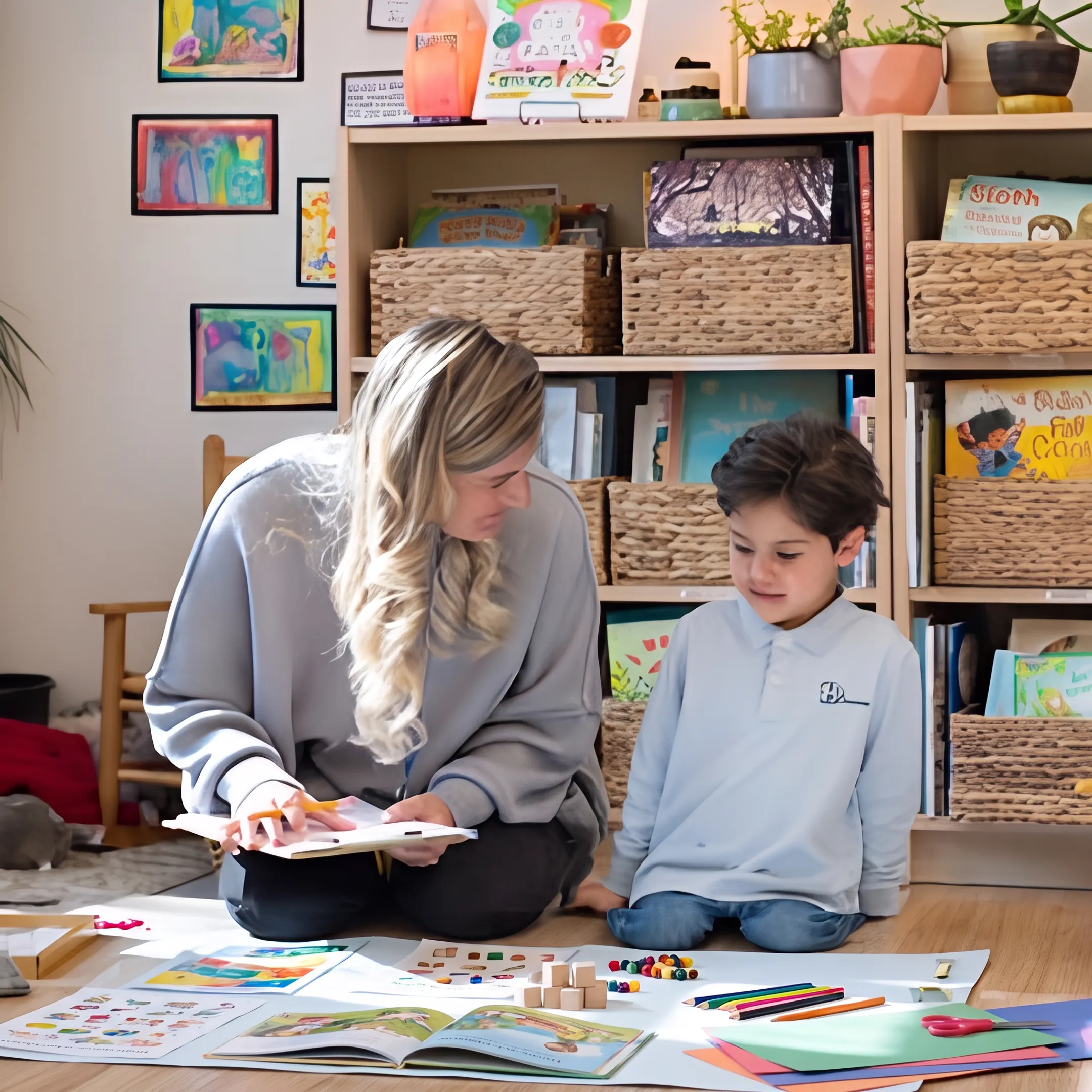 Parent guiding a preschooler through a hands-on homeschool lesson at home