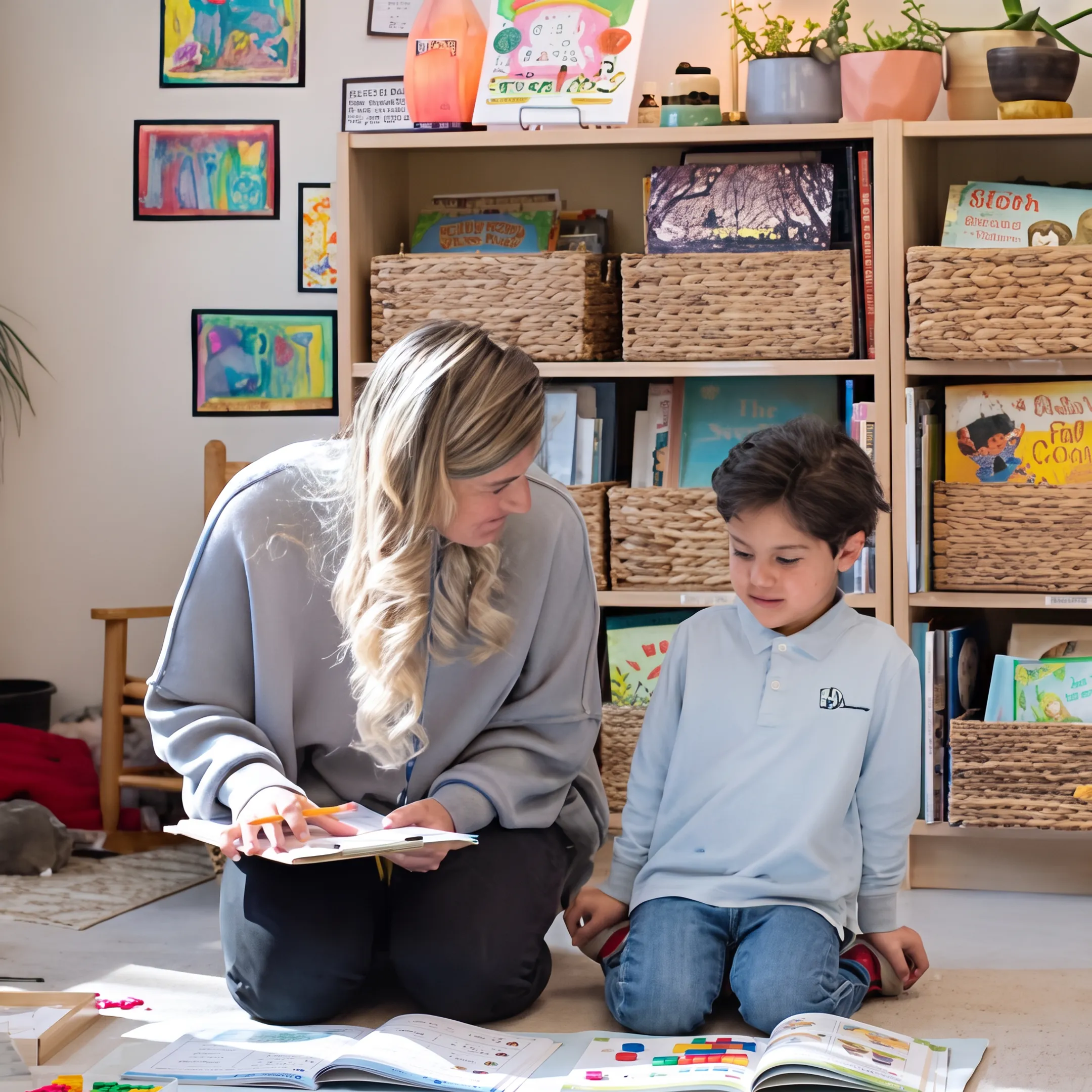 Parent guiding a child through a homeschool lesson at home