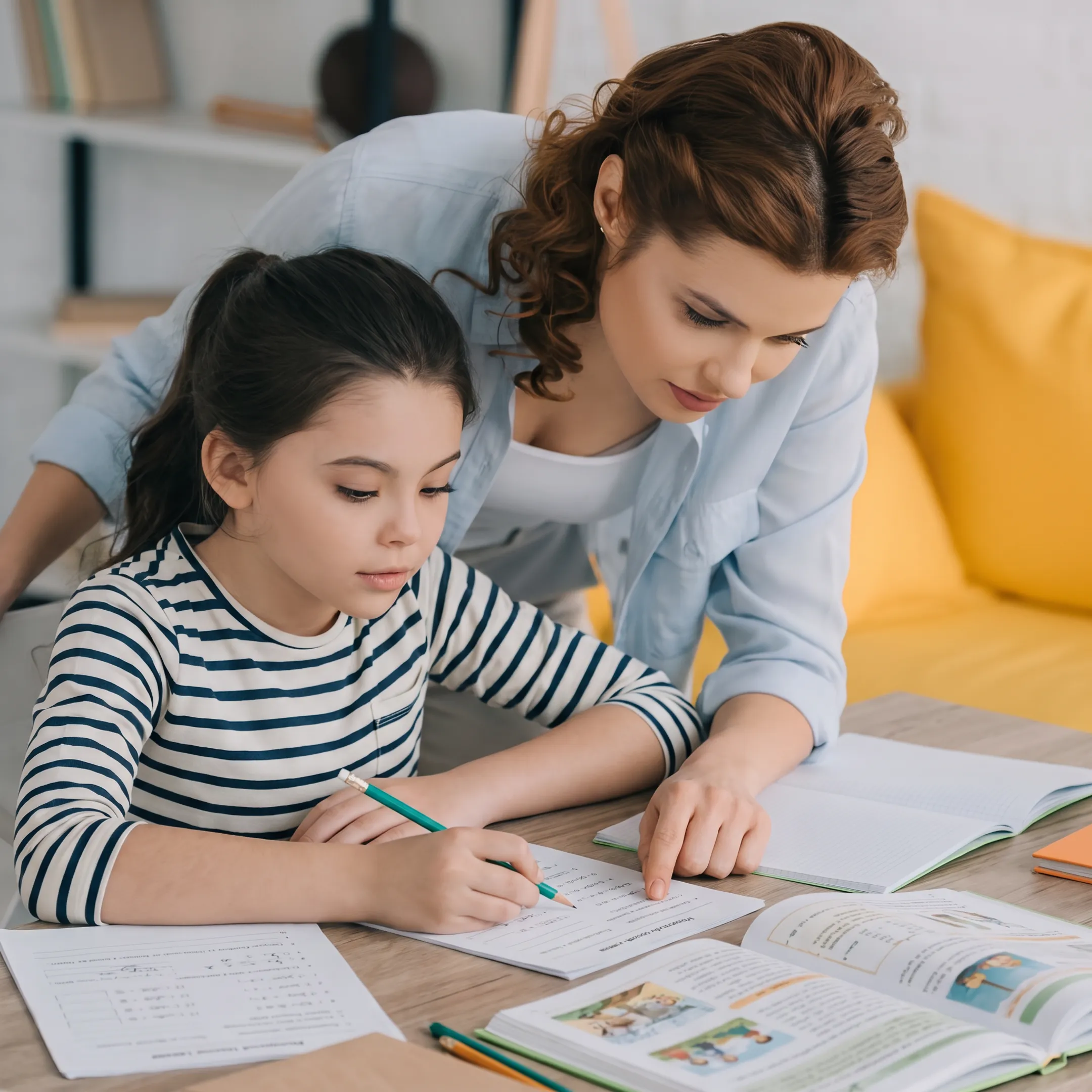 Parent and child reviewing homeschool curriculum at a kitchen table