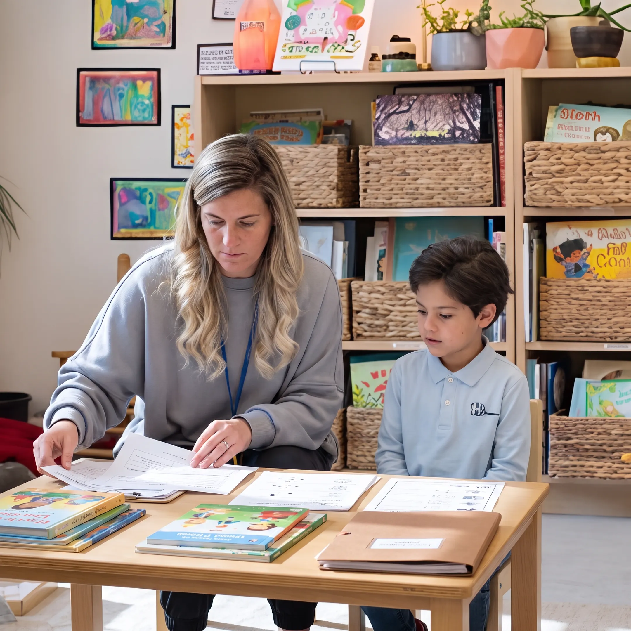 Homeschool parent organizing curriculum materials