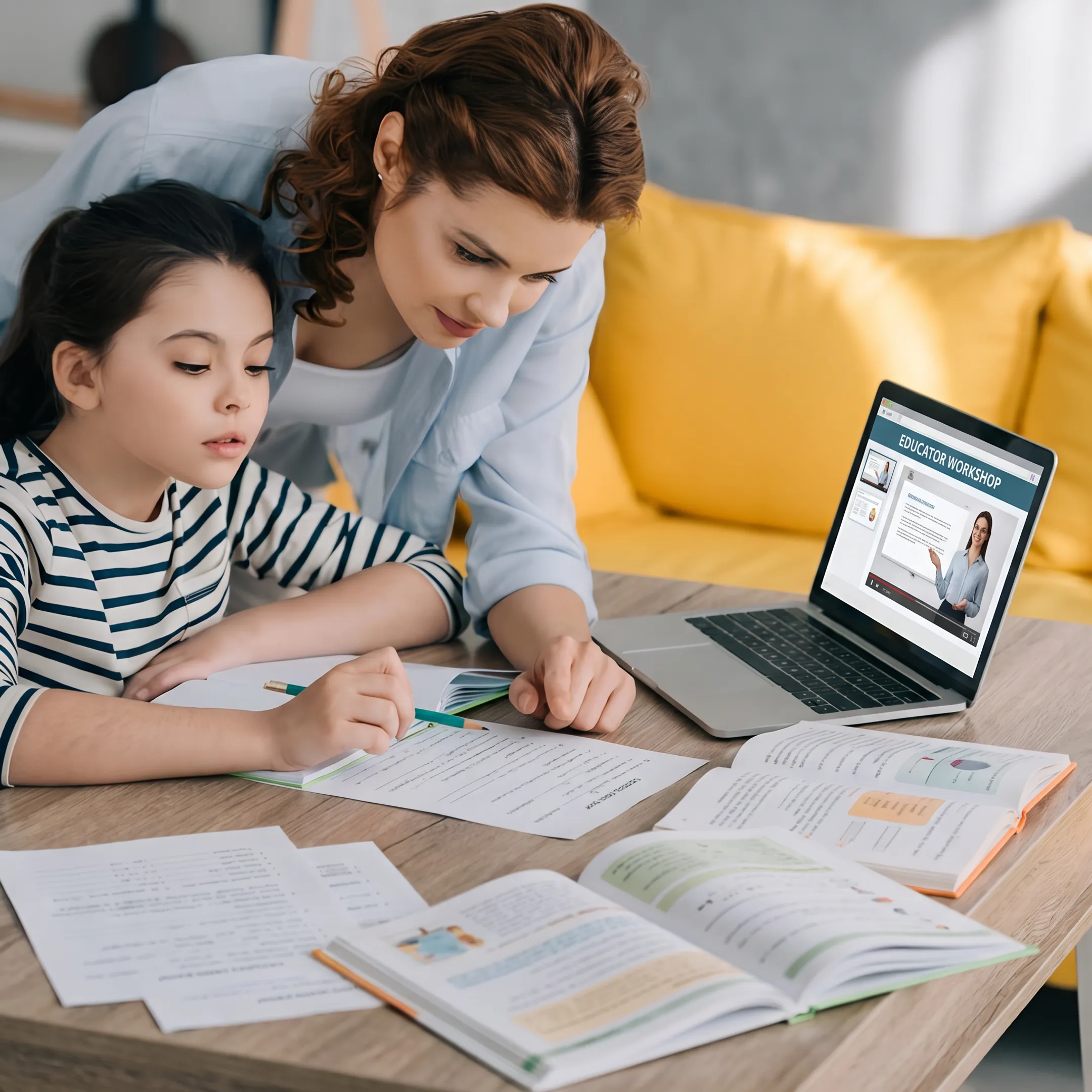 Parent and child learning together during a virtual homeschool workshop at home