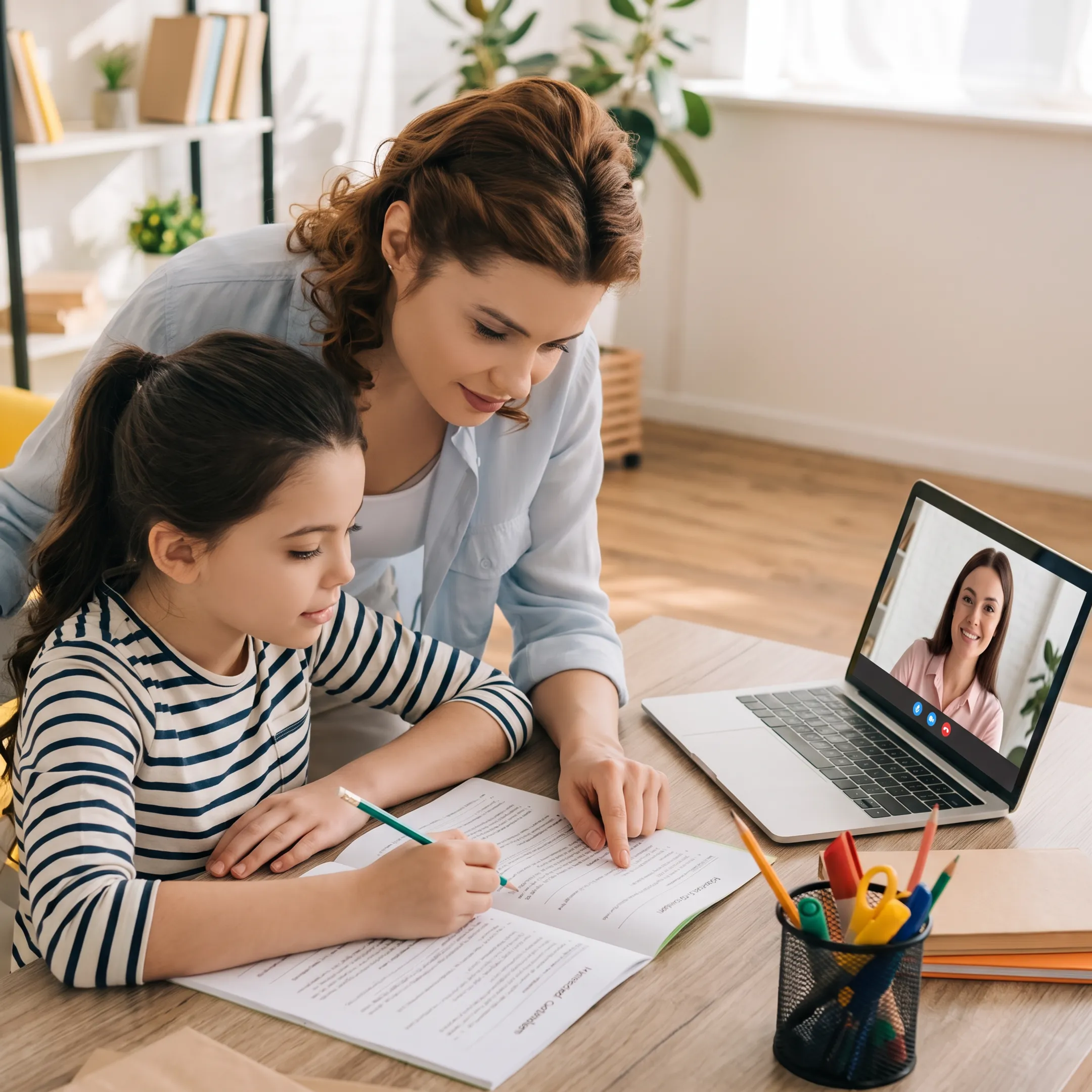 Homeschool parent using curriculum materials during an online educator session