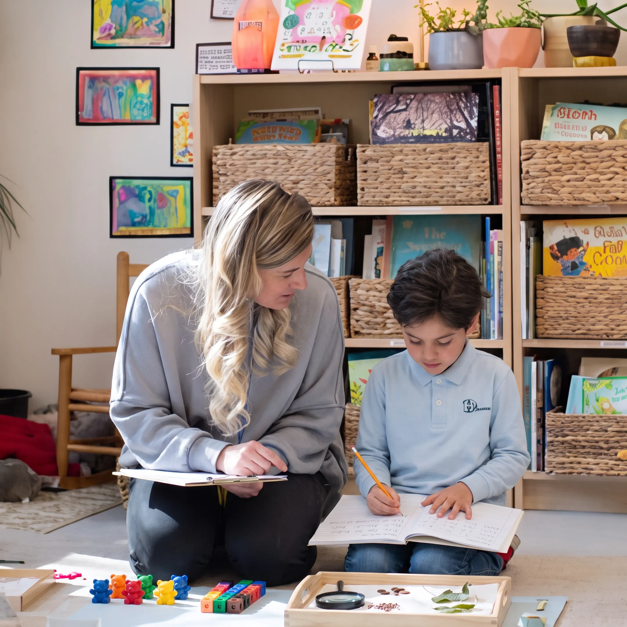 Second grader completing an integrated homeschool lesson with parent support