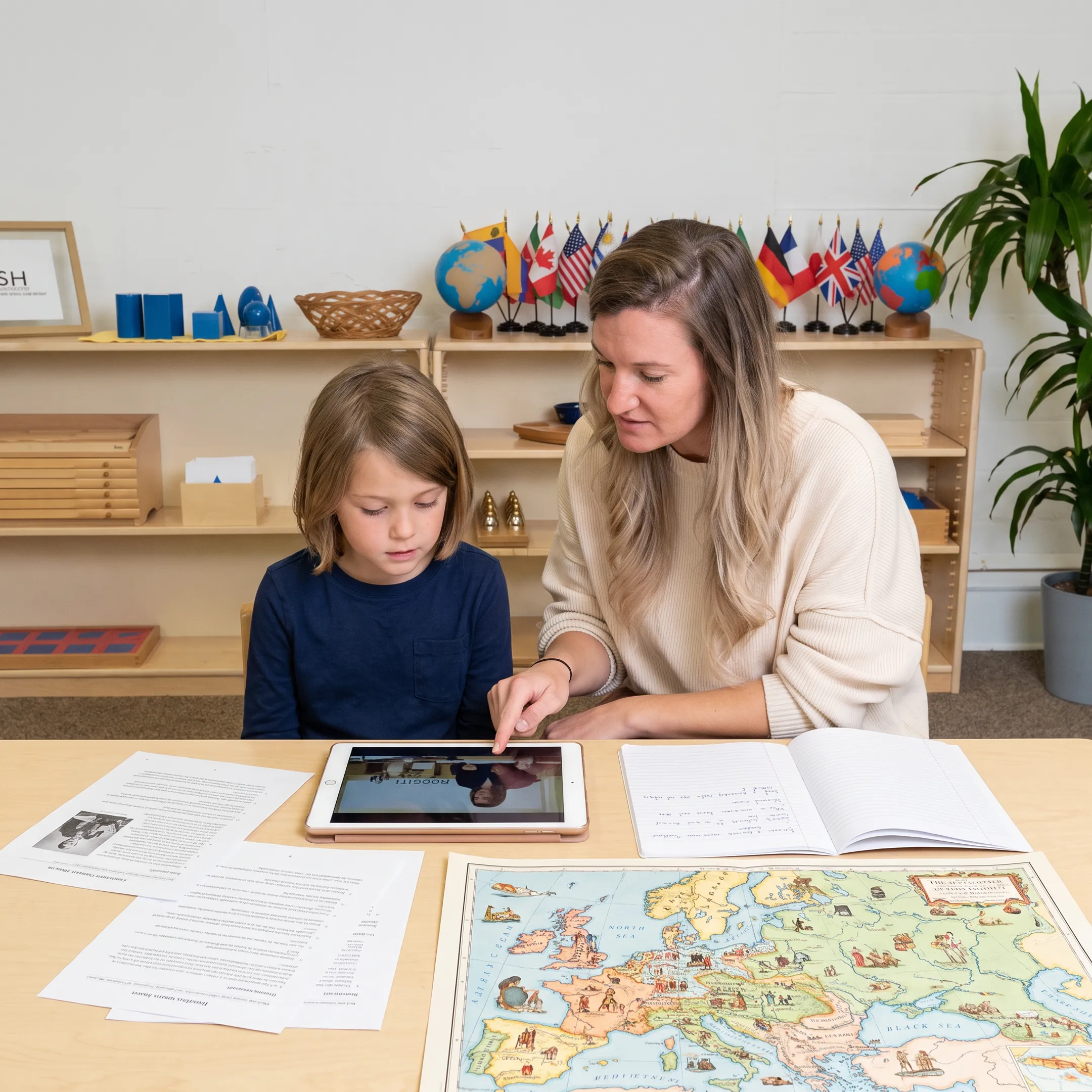 Parent guiding a child through a video history lesson