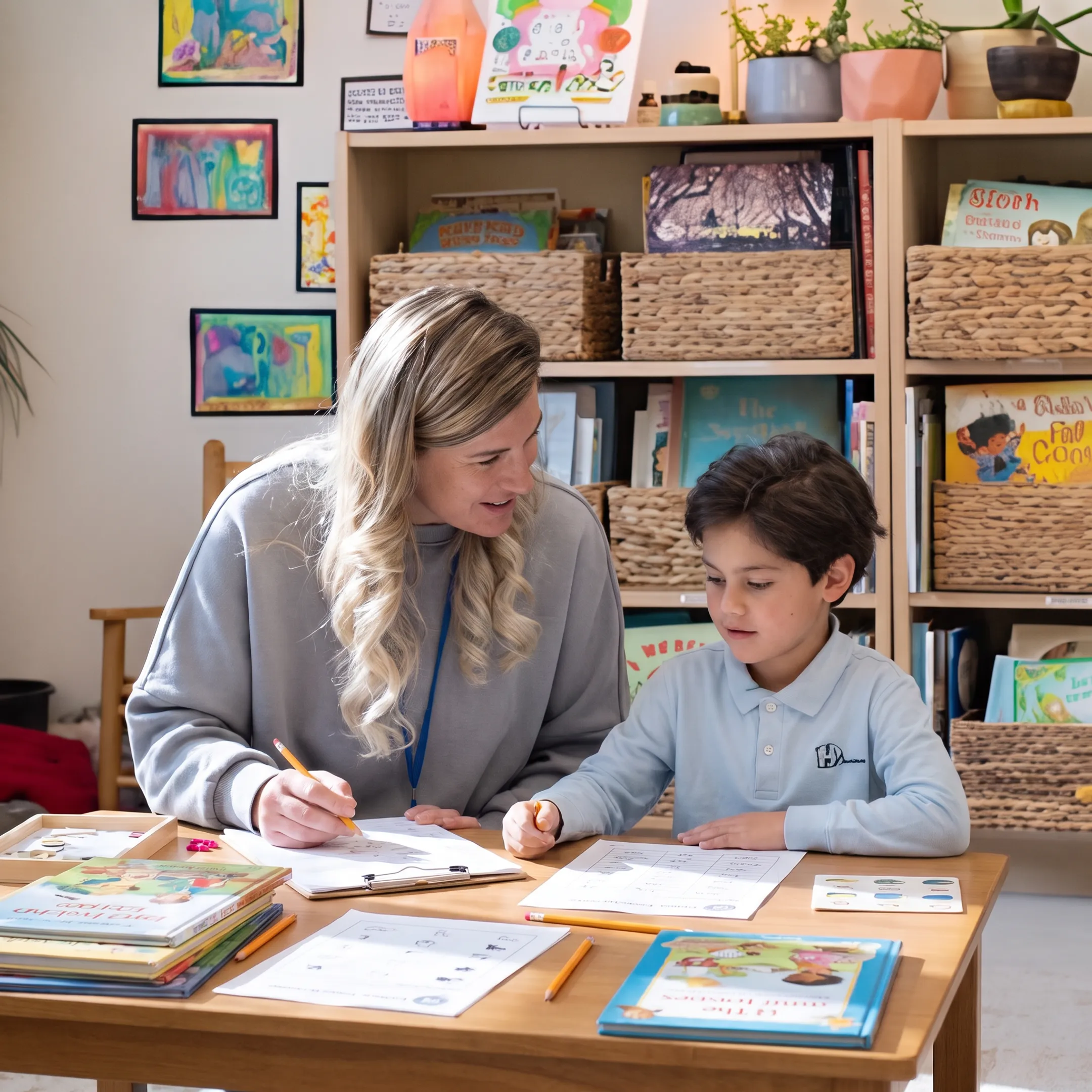 Parent guiding a child through a homeschool lesson at home