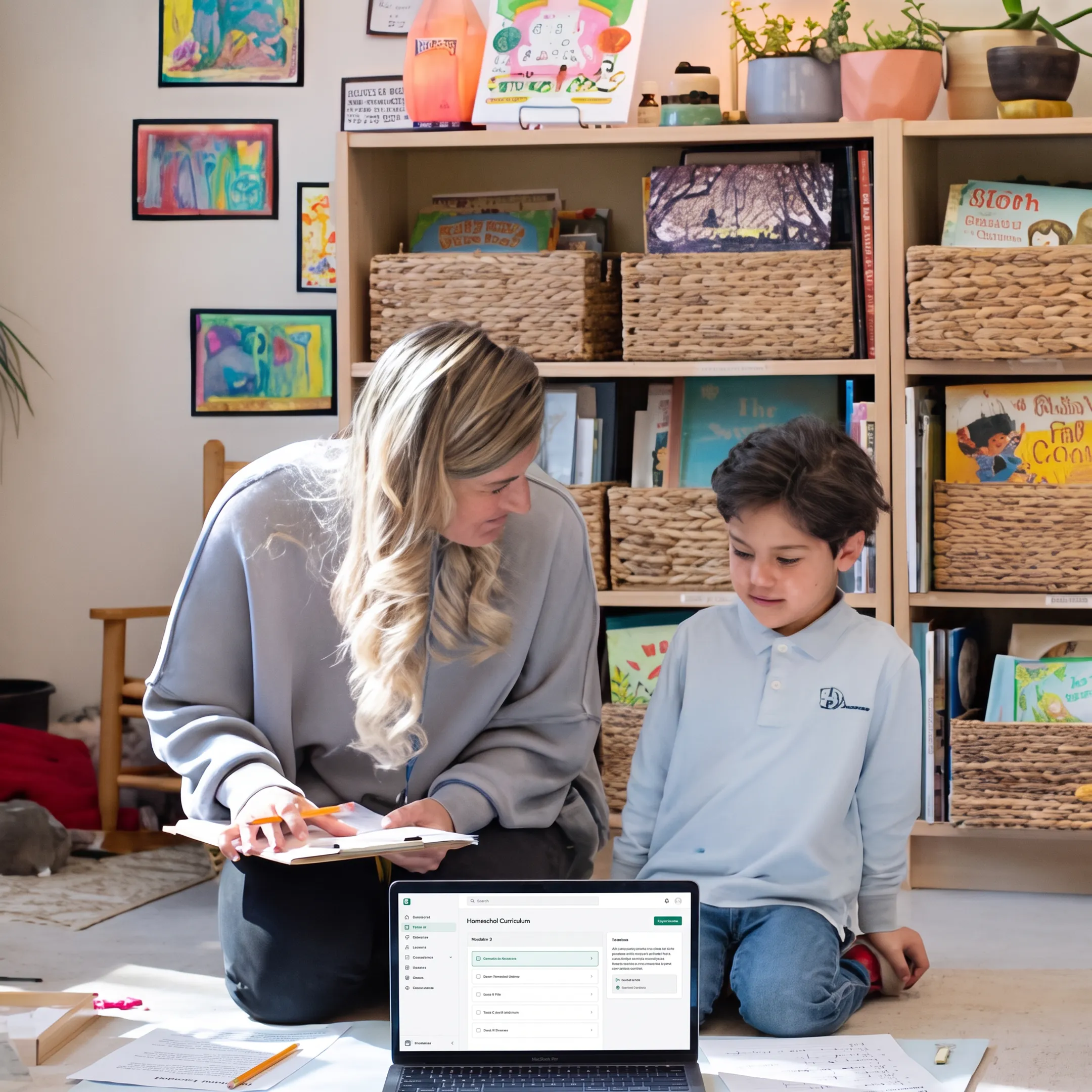 Parent and child reviewing homeschool lessons on a laptop at home