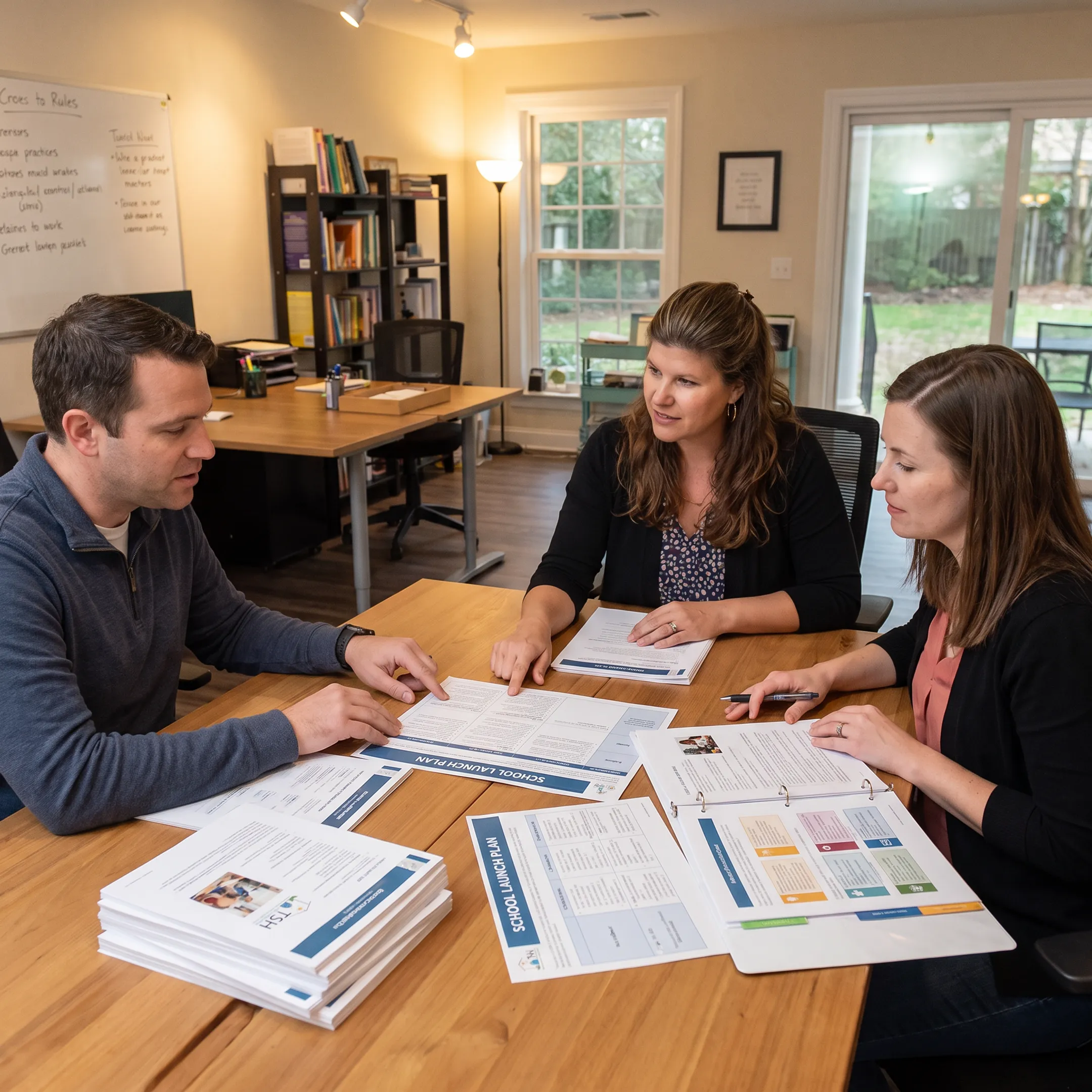 Planning session for a new microschool with curriculum materials