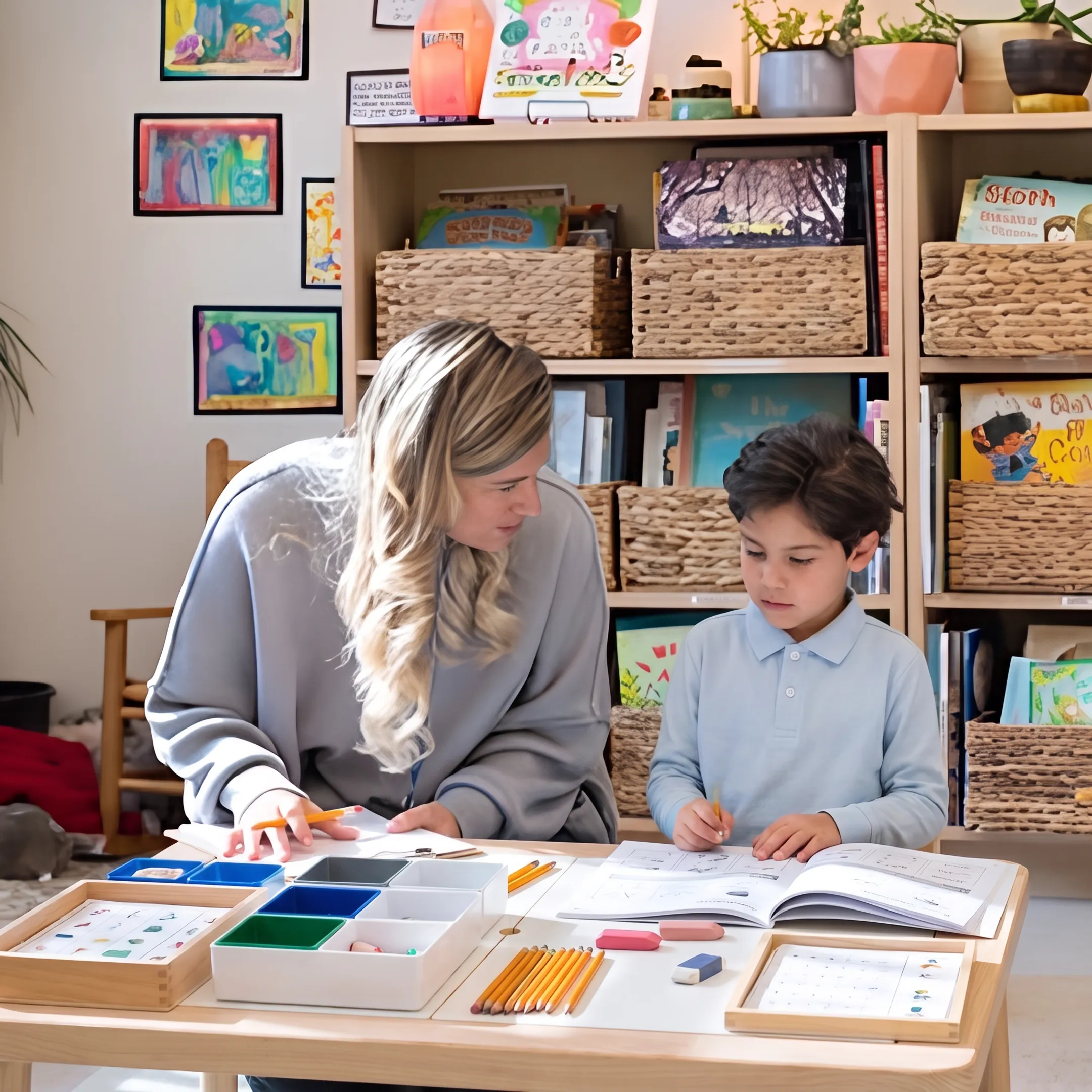 Parent and child using homeschool curriculum materials at home