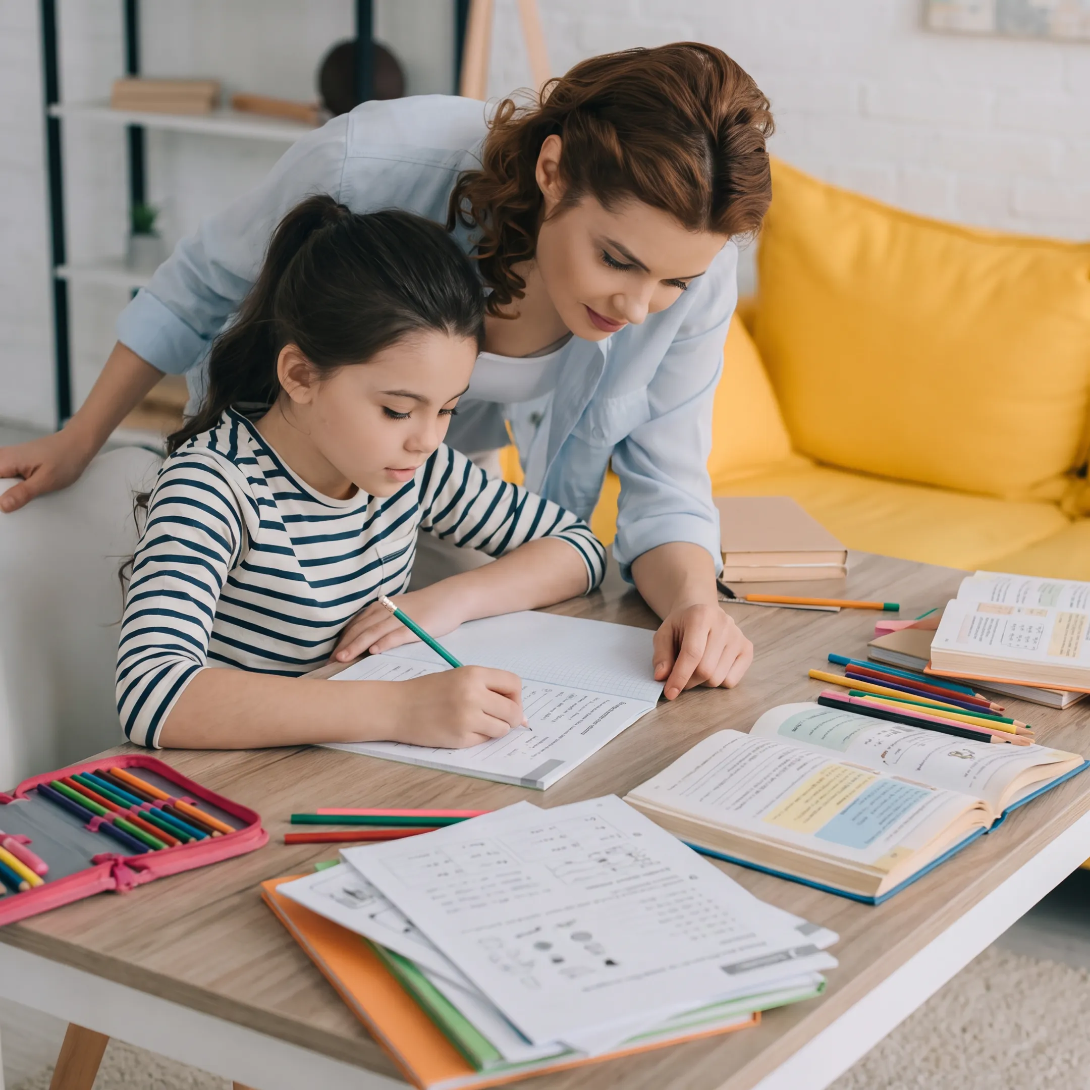 Parent and child reviewing homeschool lessons at home