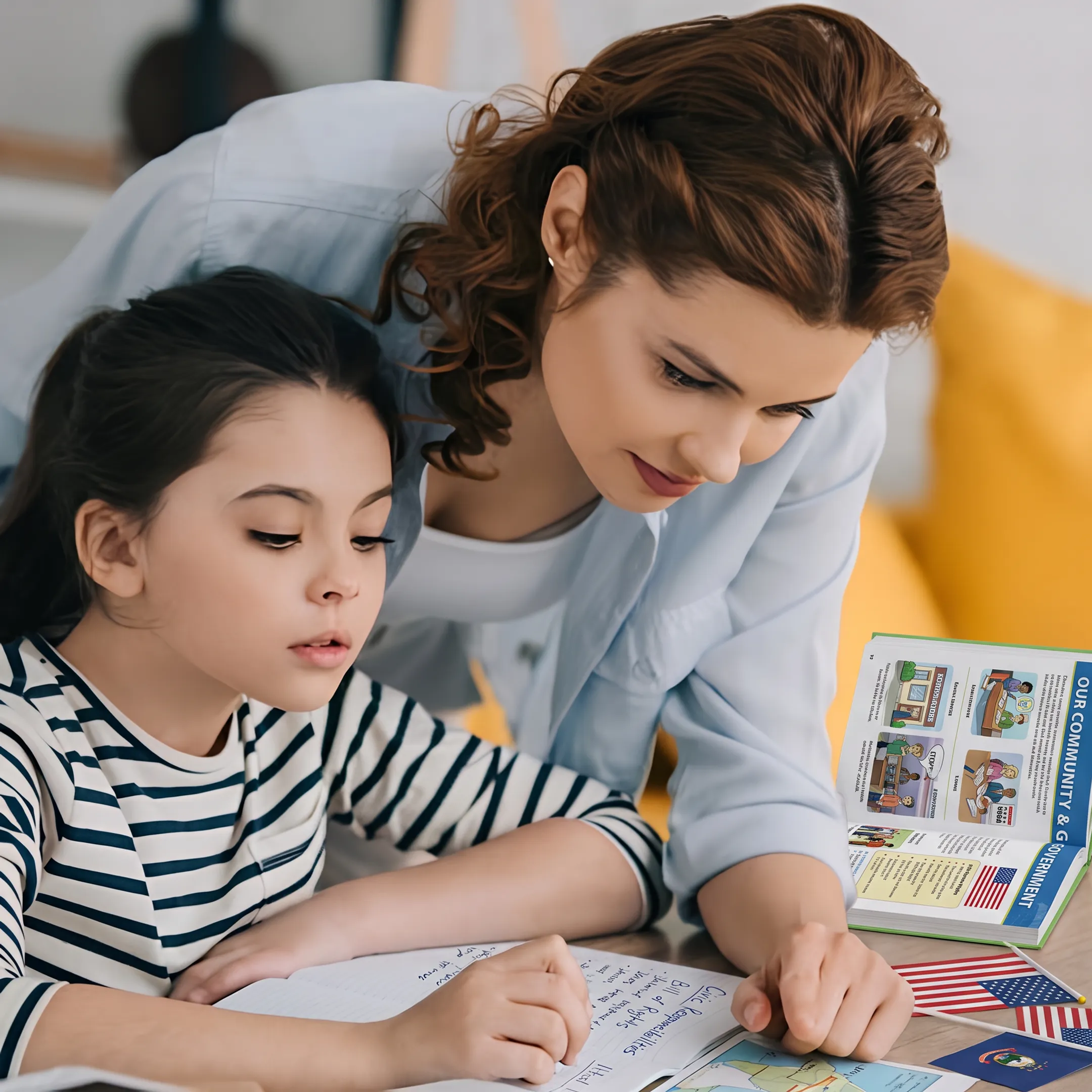 Parent and children exploring a homeschool civics lesson together