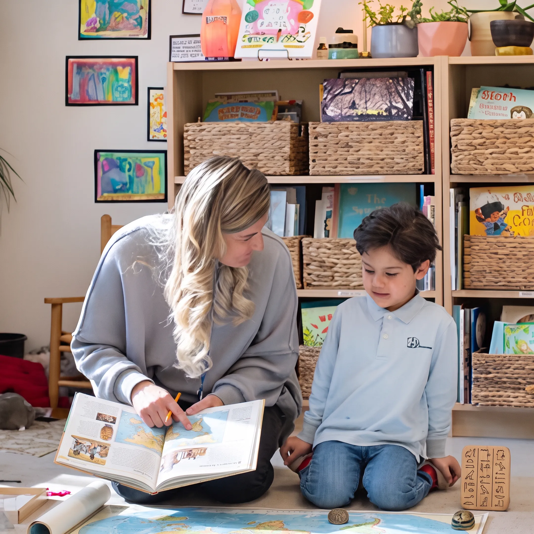 Parent and child exploring multicultural history materials at home