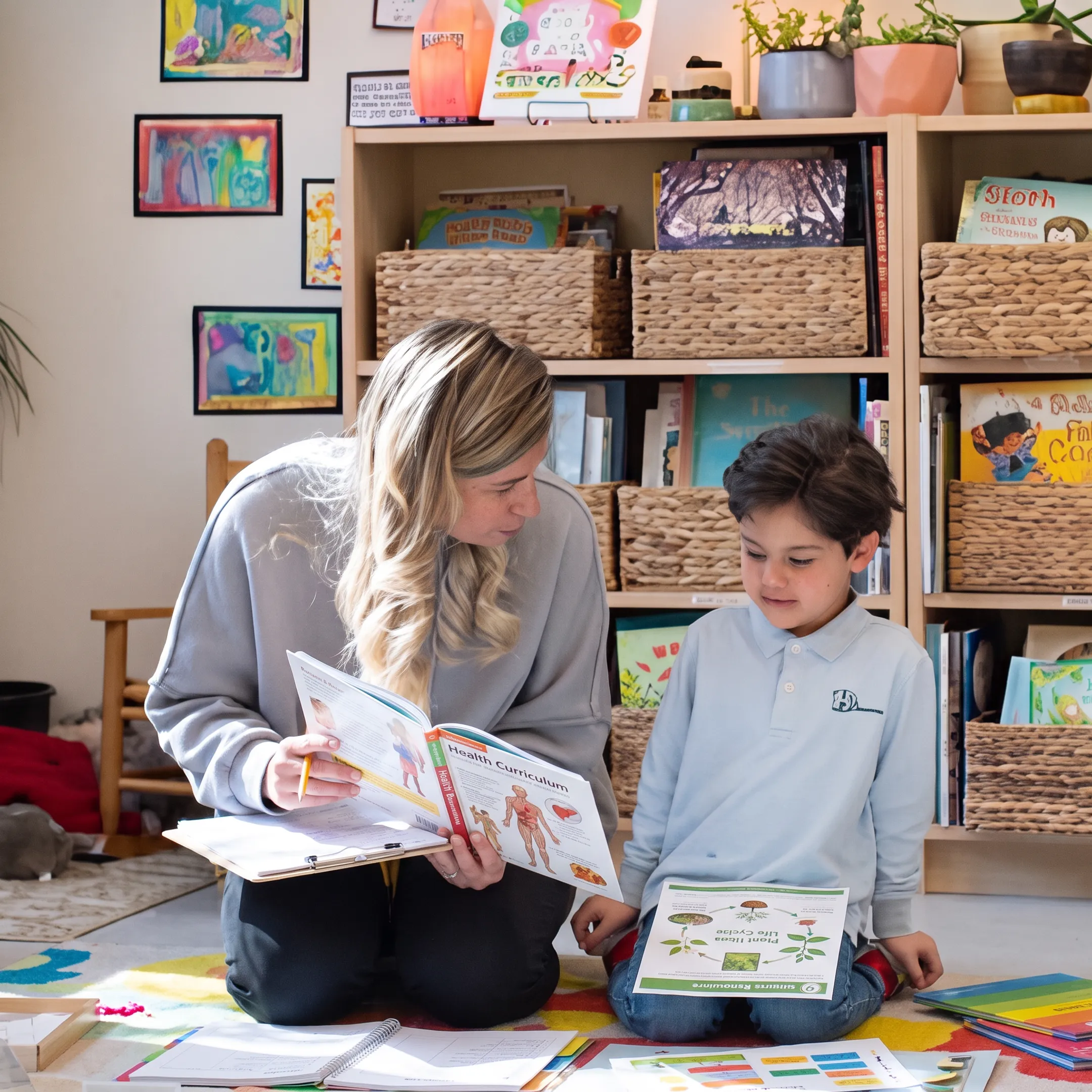 Parent comparing homeschool health curriculum materials with a child at home