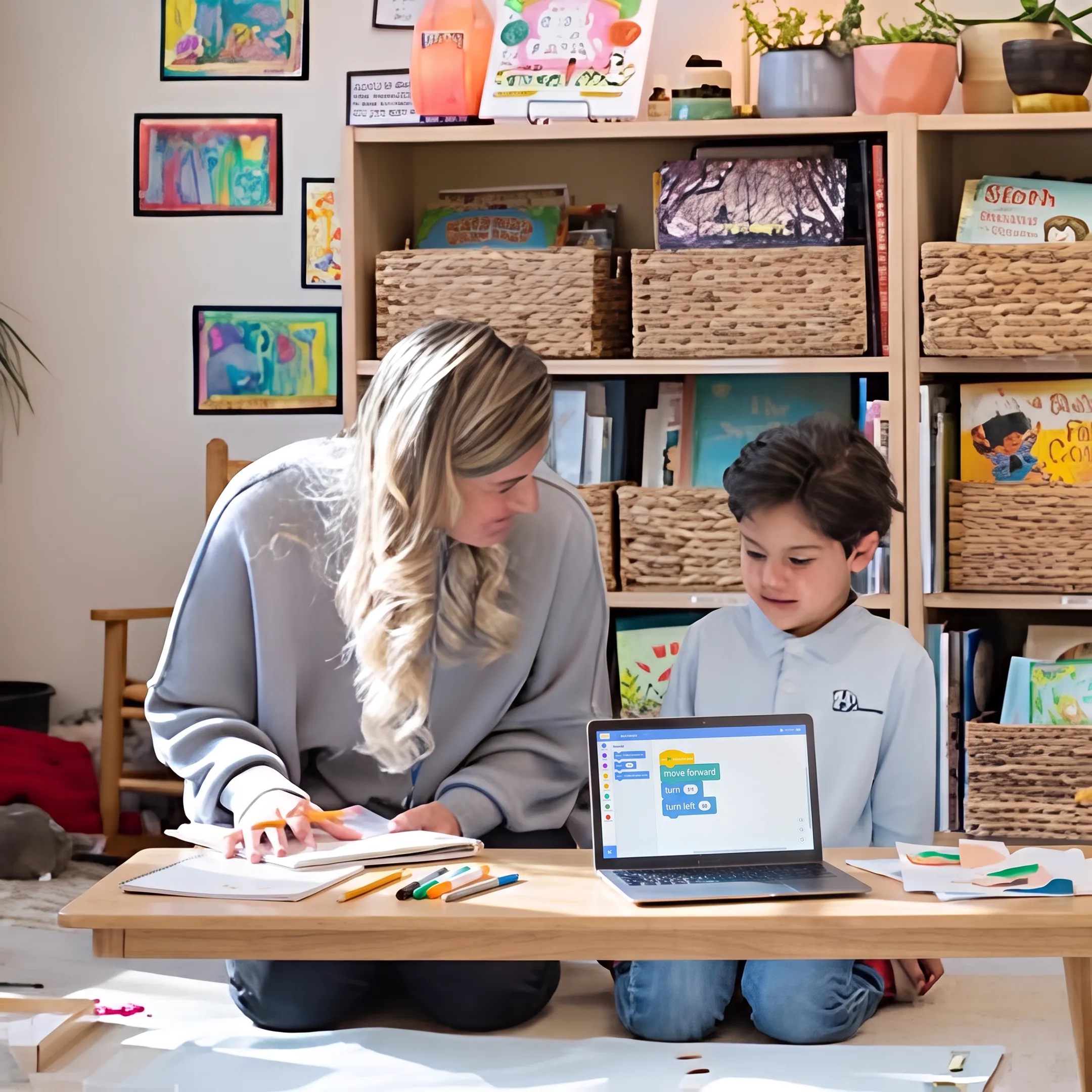 Parent and child exploring coding activities during homeschool learning