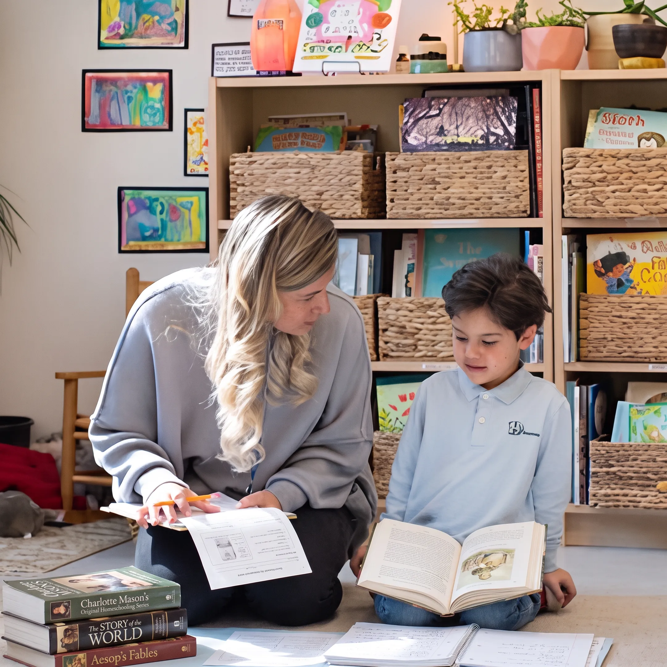 Parent and child comparing Christian and secular homeschool curriculum materials at a table
