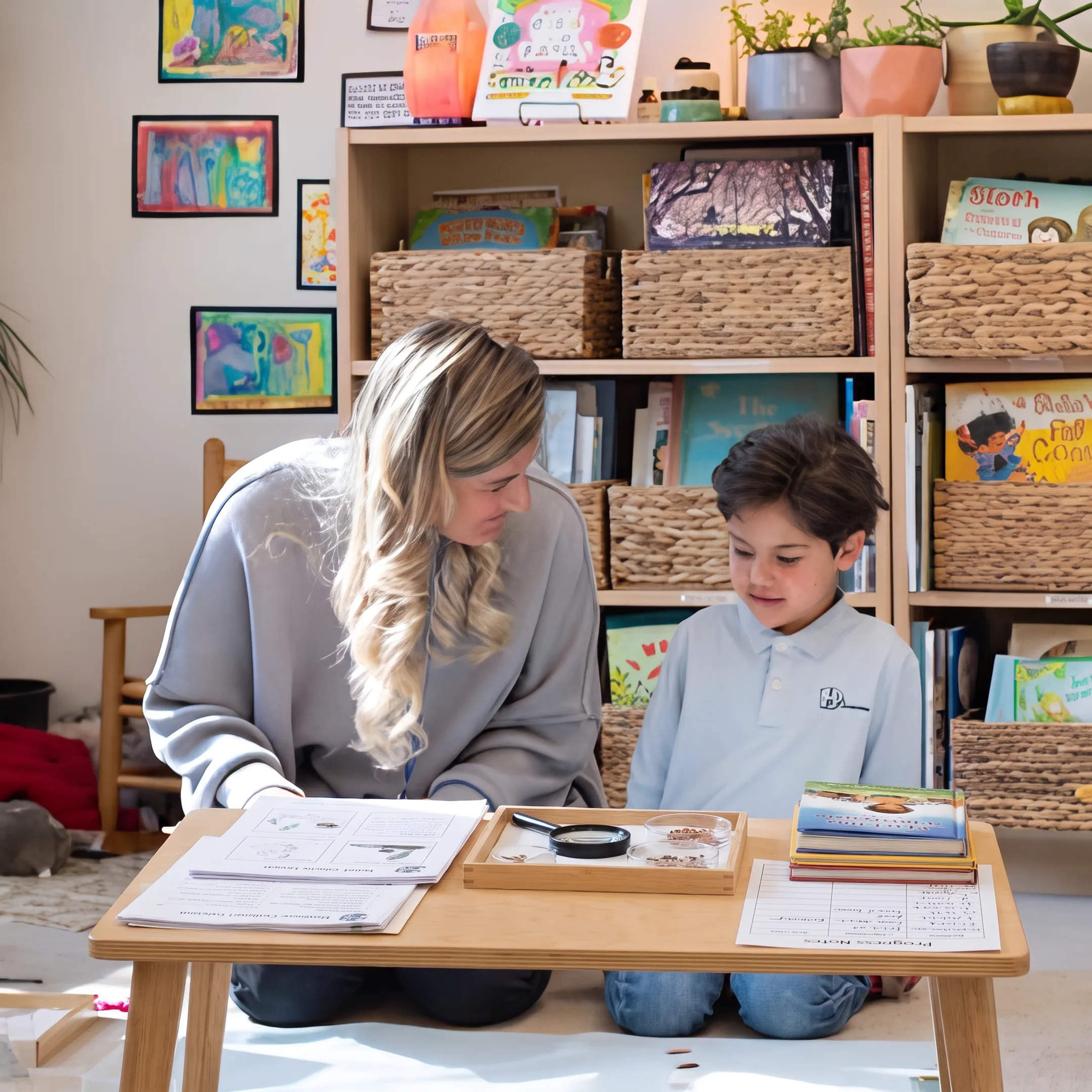 Parent reviewing an integrated secular homeschool curriculum with a child