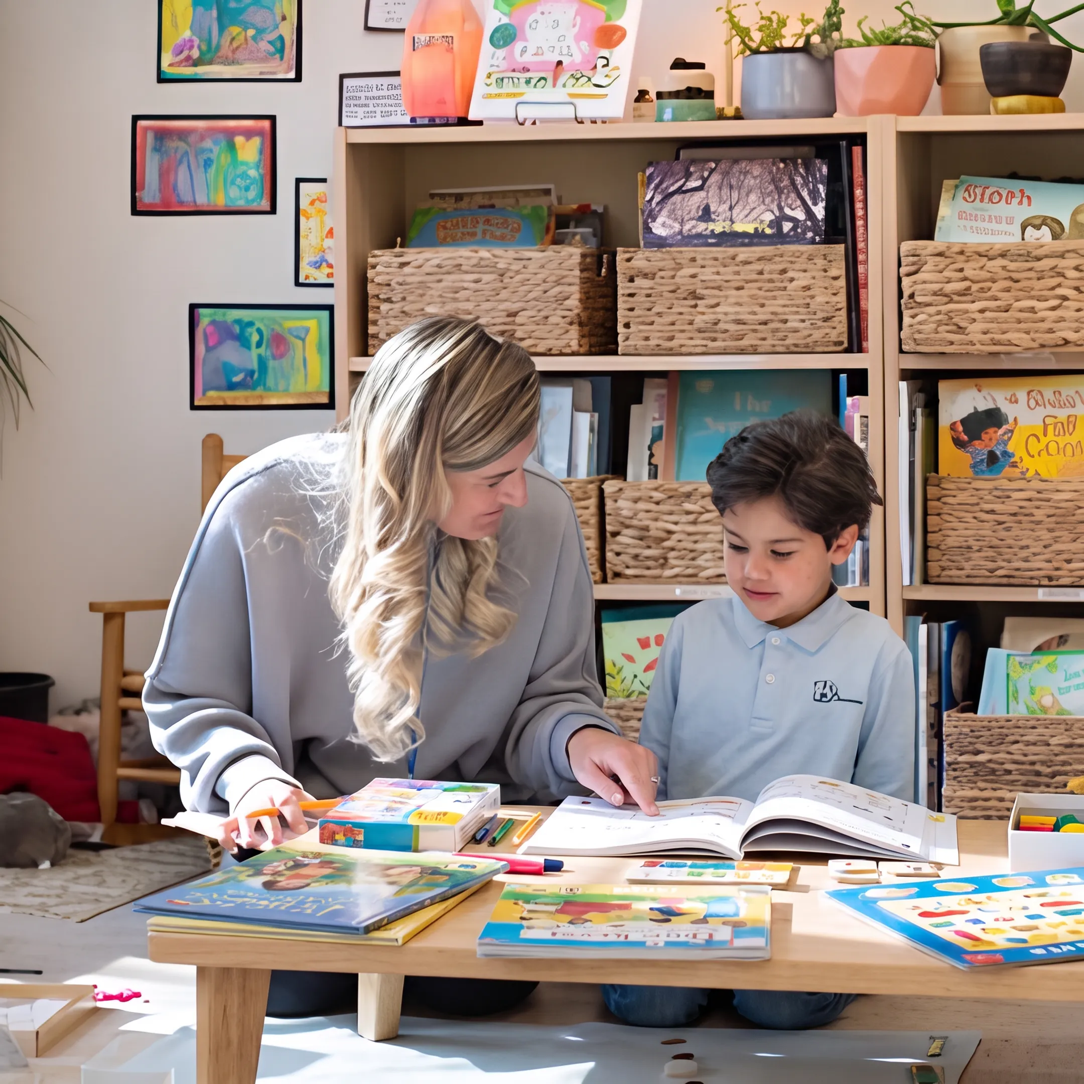 Parent and child reviewing microschool learning materials at home
