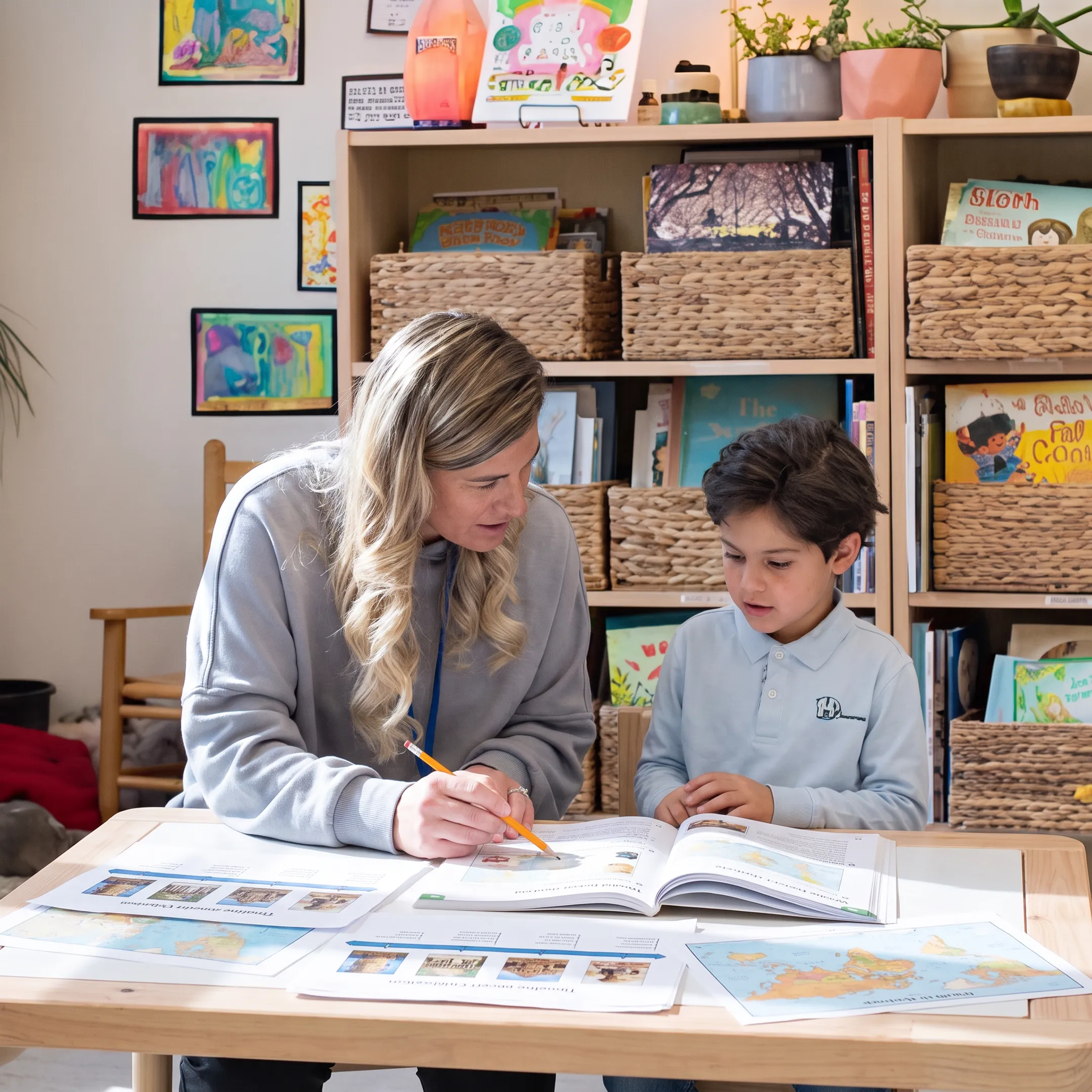 Parent and child comparing Christian and secular world history curriculum books at home
