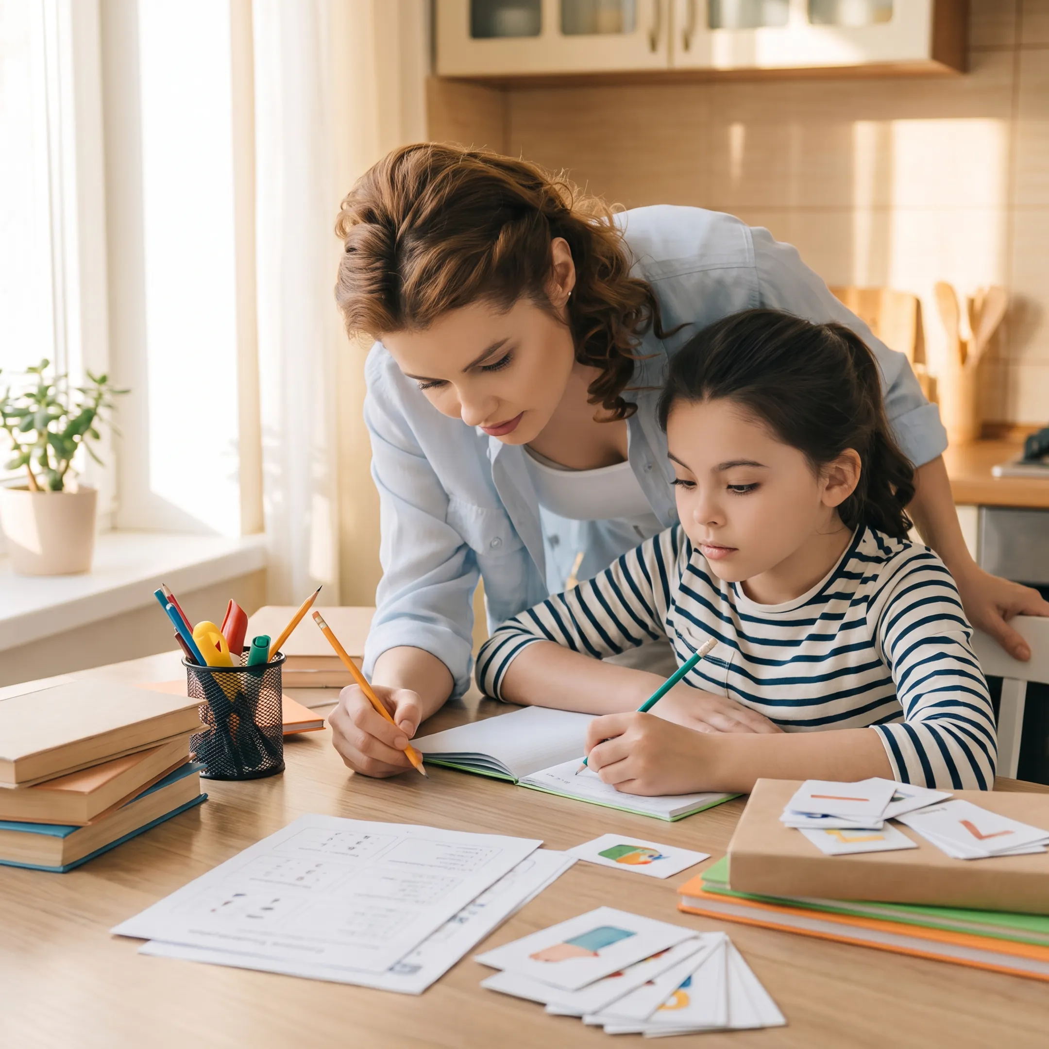 Parent and child learning together at home with homeschool materials