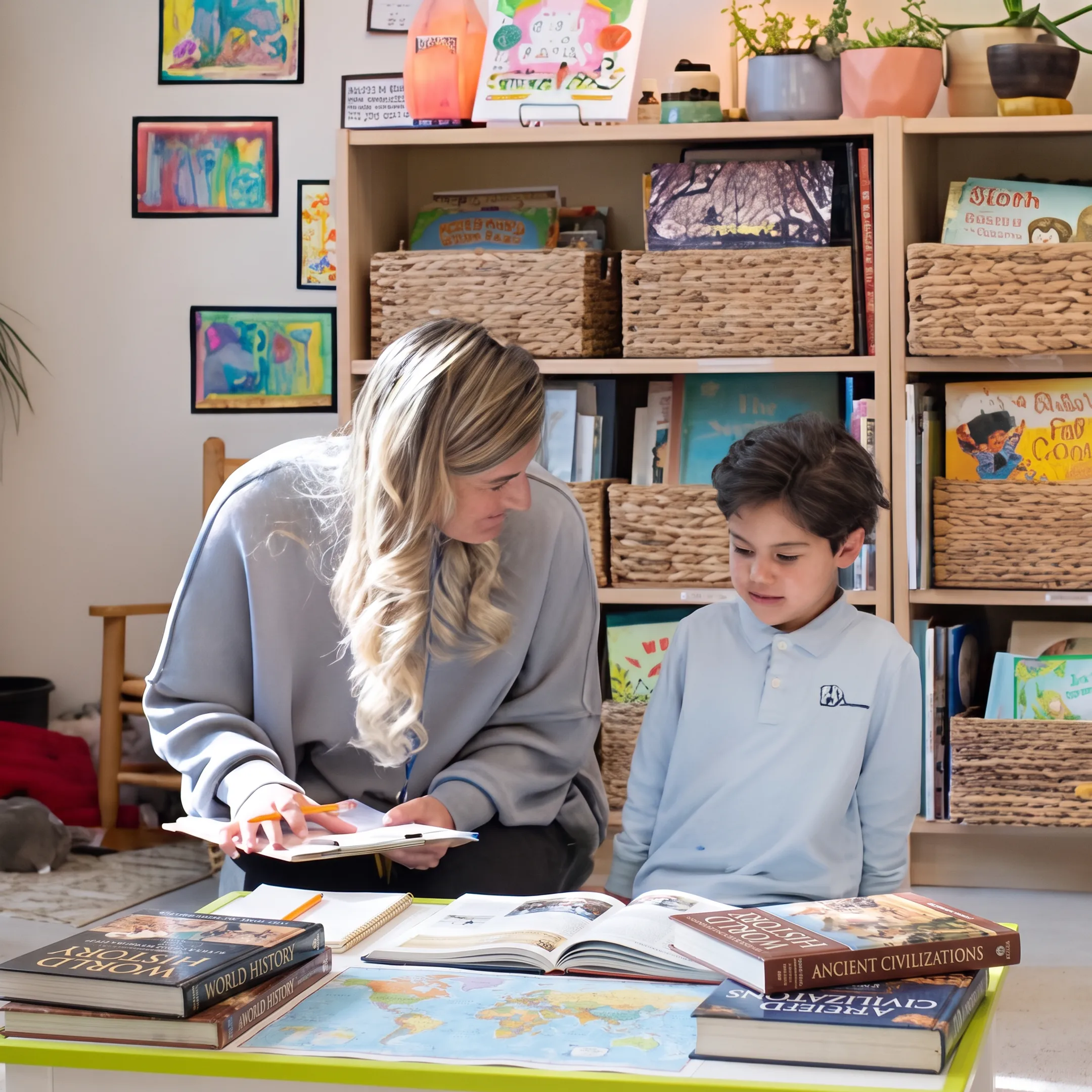 Parent and child exploring a secular homeschool history lesson at home