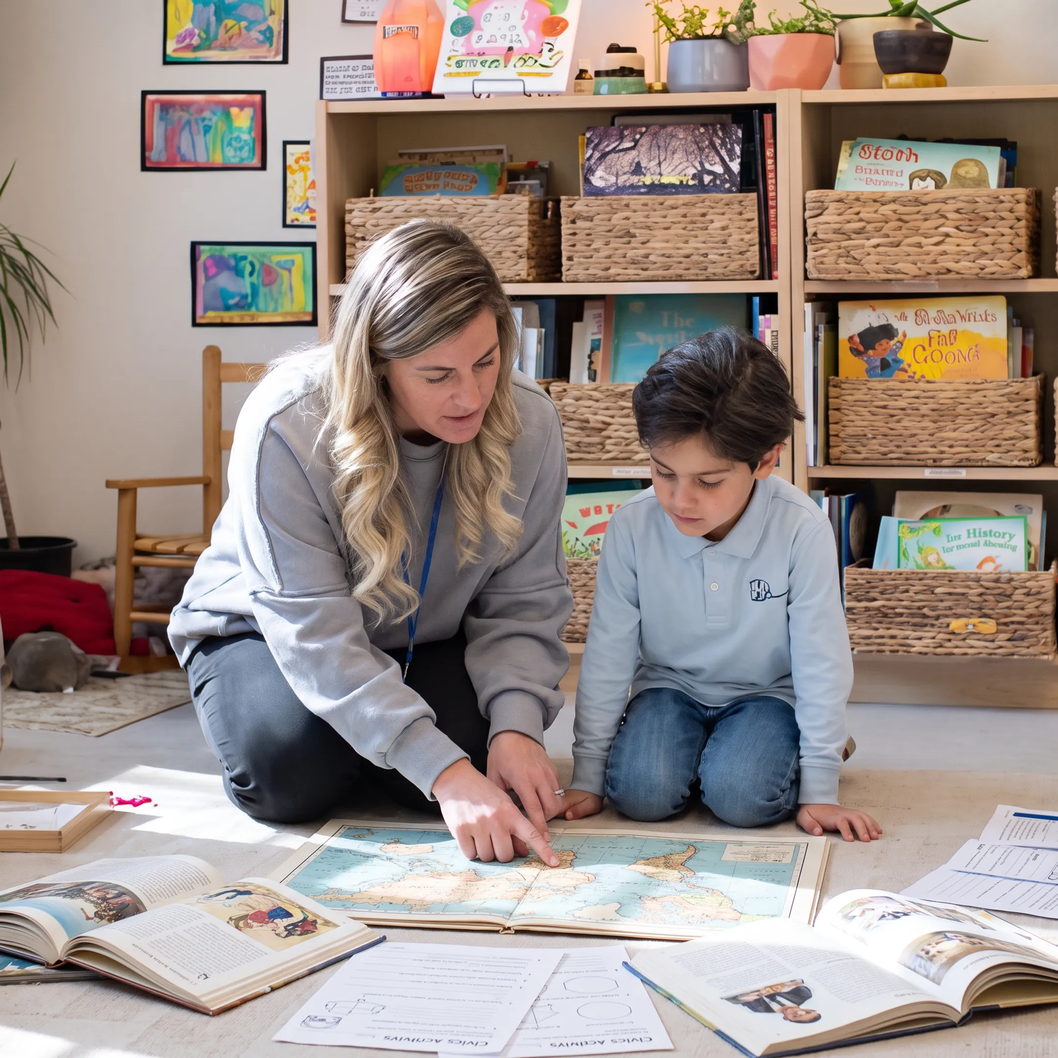 Homeschool family studying history with books and printed materials