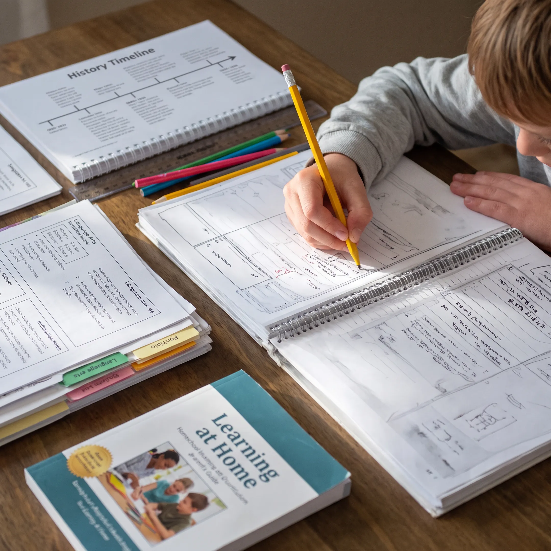 Homeschool curriculum and progress materials arranged for family learning