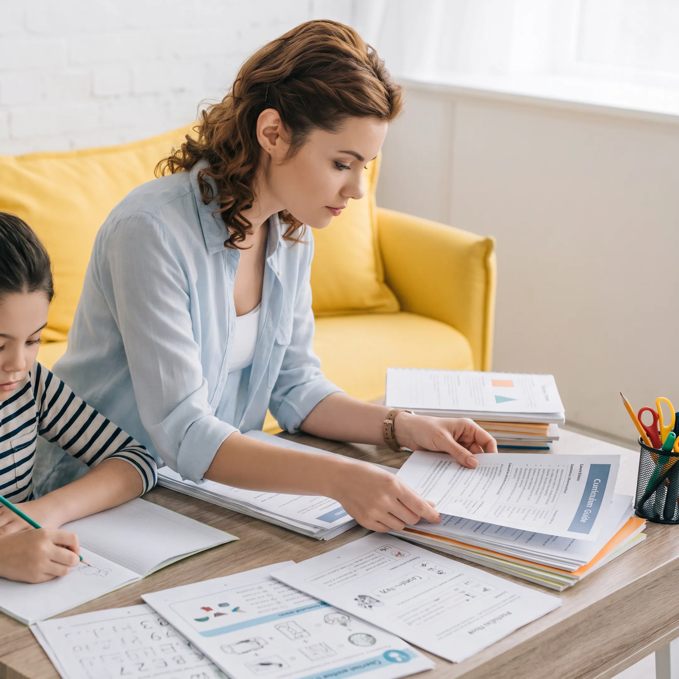 Homeschool parent organizing curriculum and learning materials