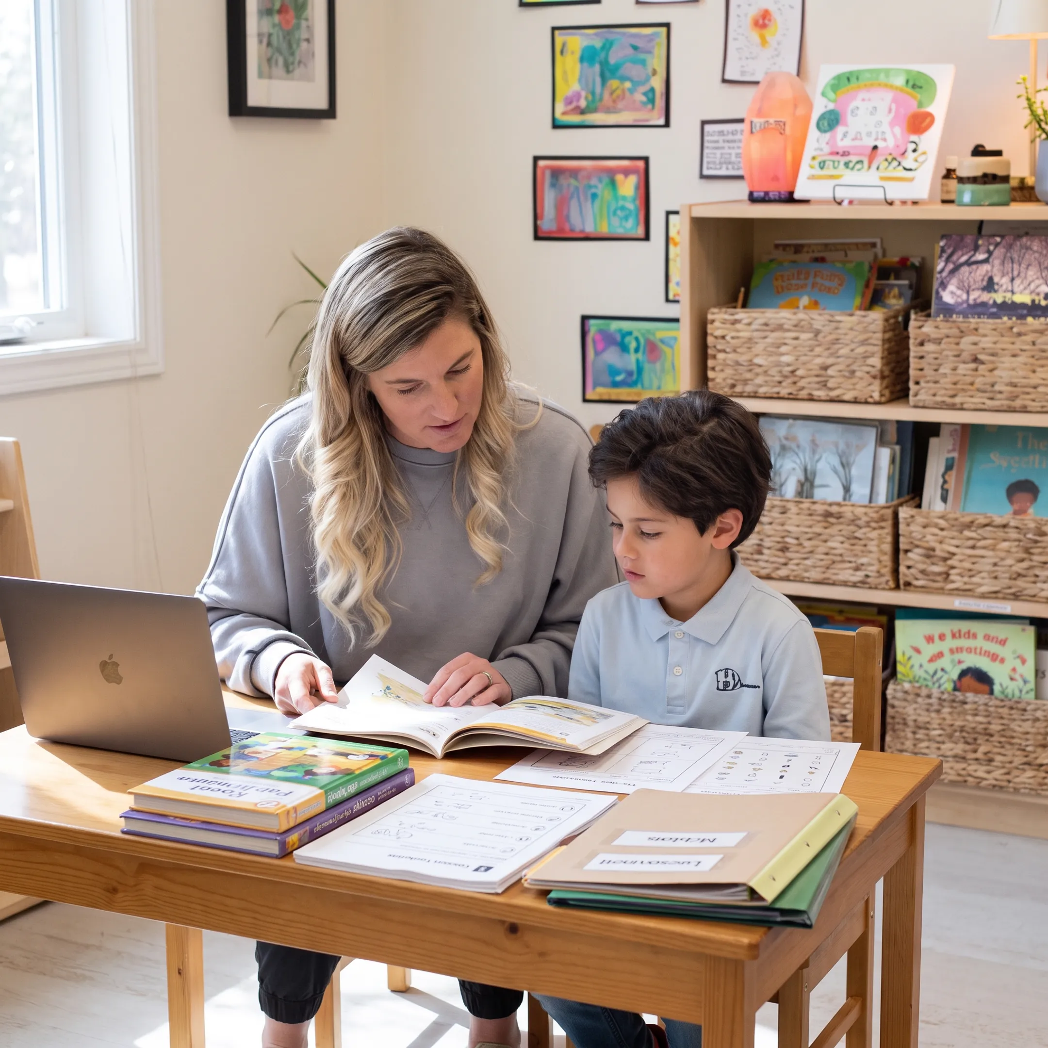Parent and child reviewing an online homeschool lesson at home
