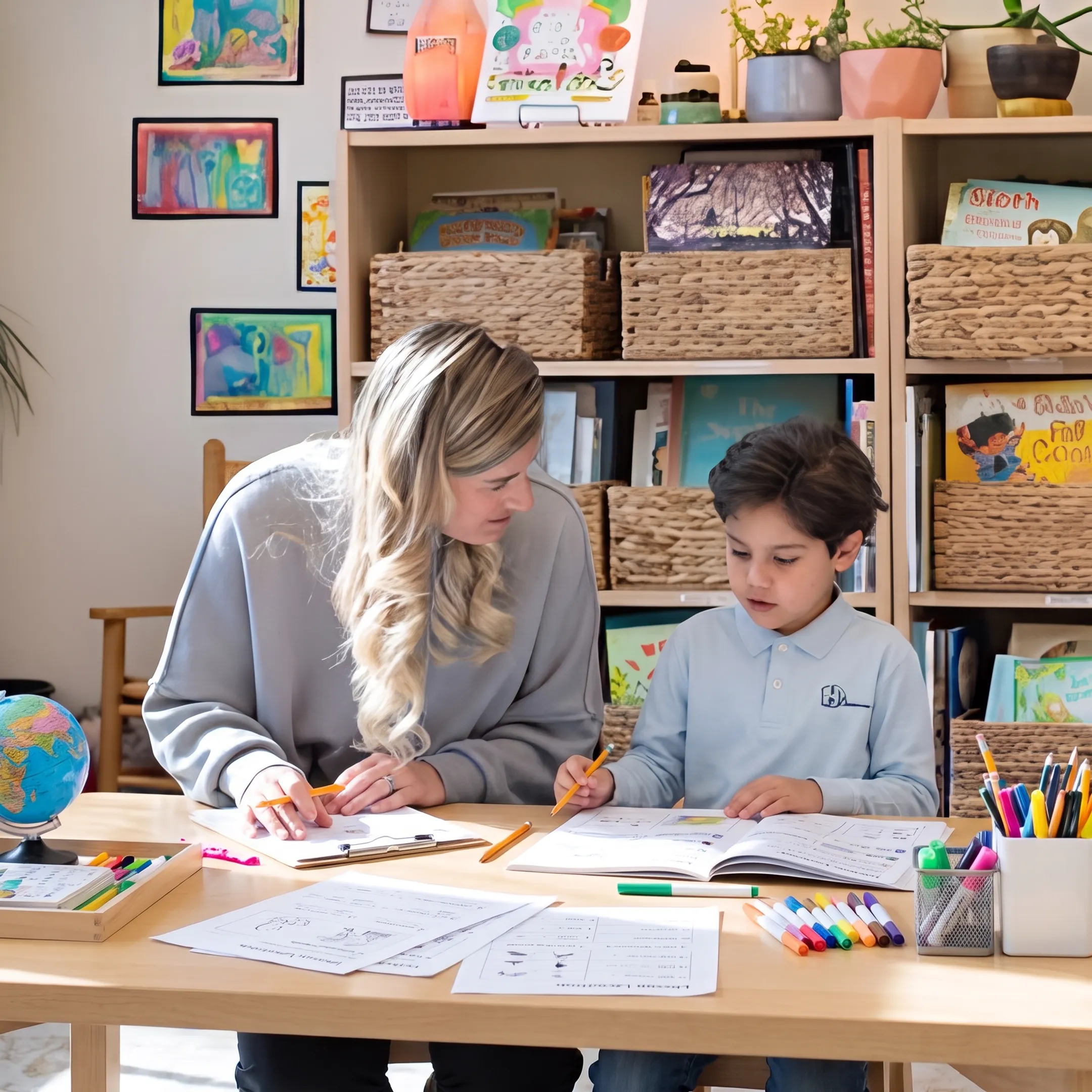 Parent and child reviewing homeschool curriculum at home