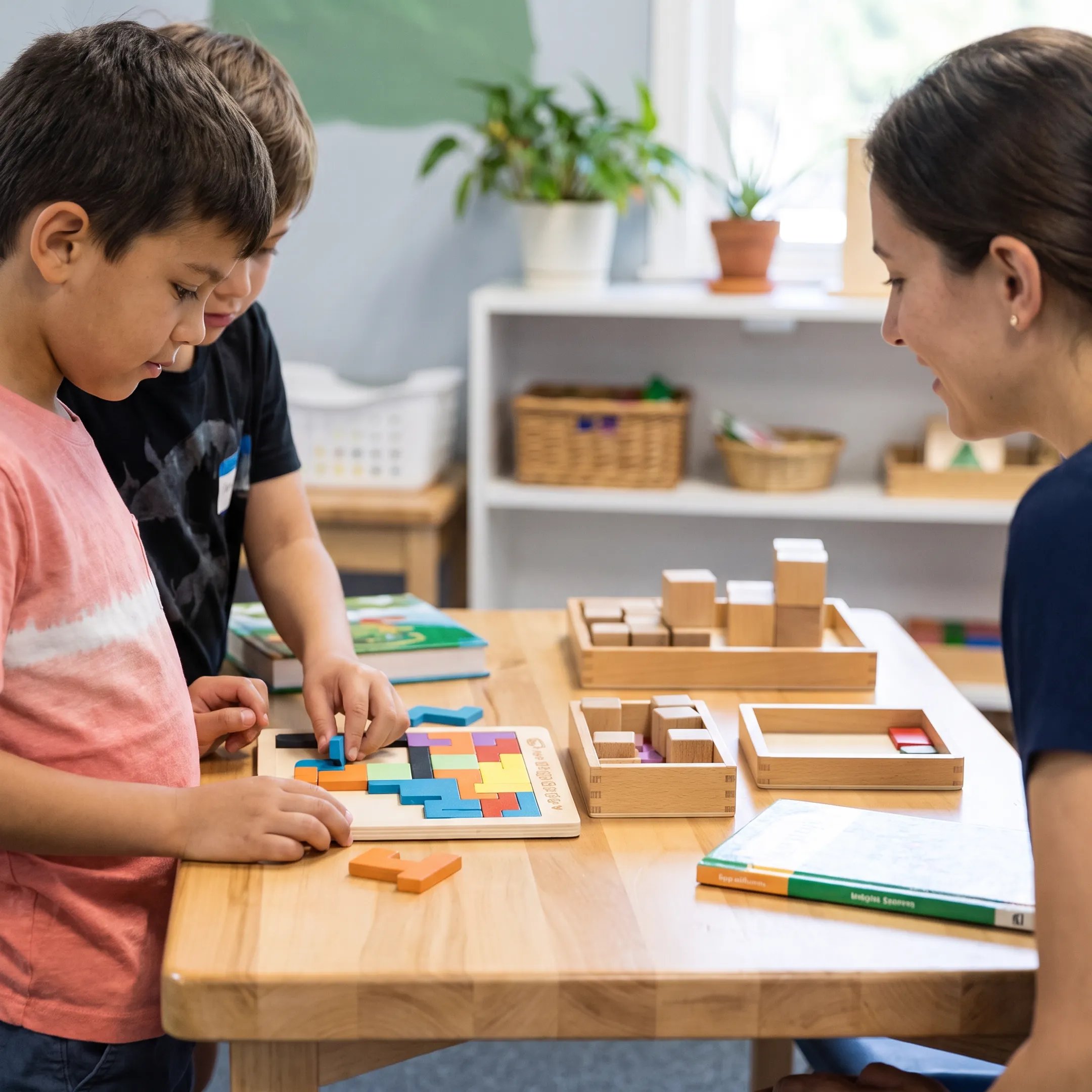 Children learning together in a bright microschool classroom