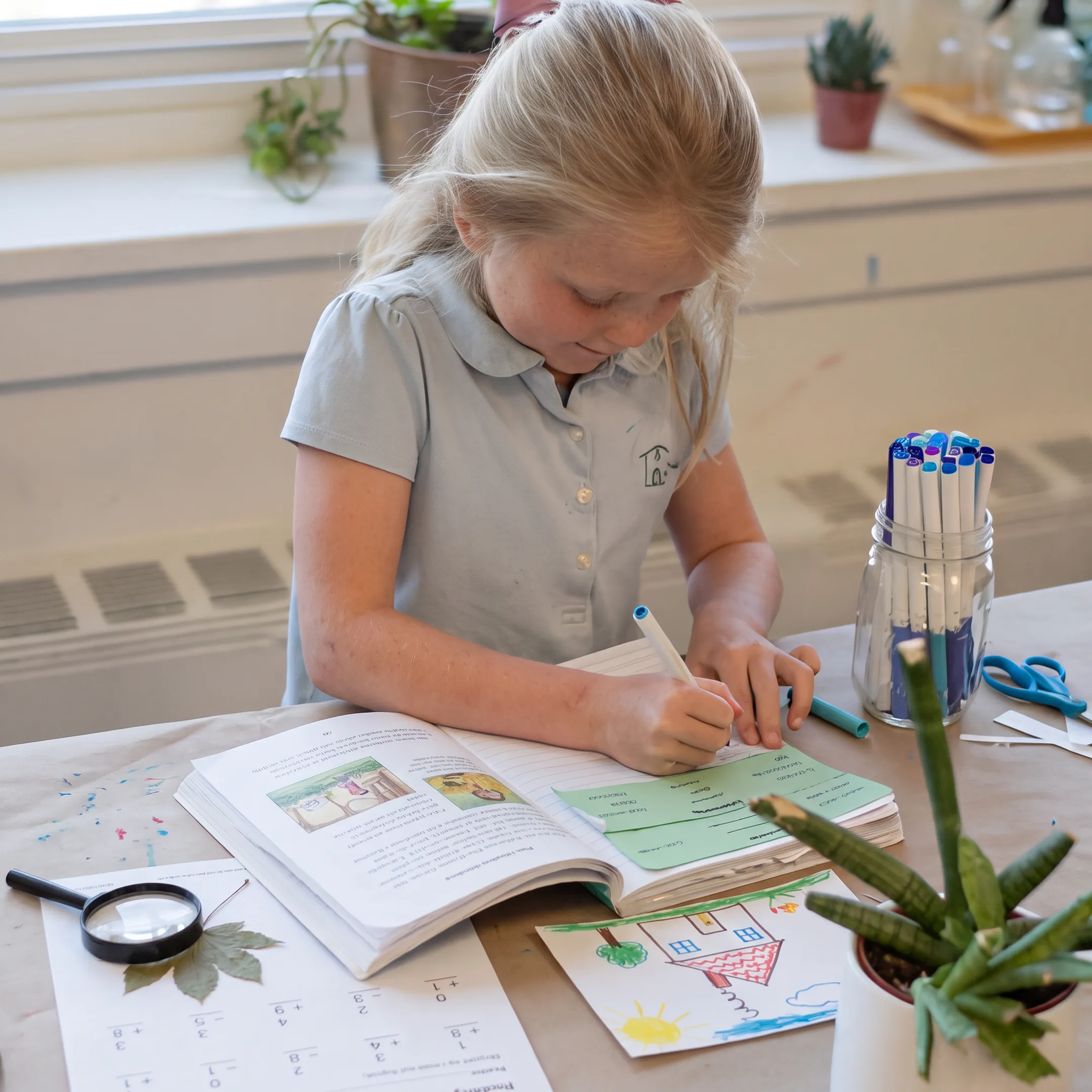 Third grader working with integrated homeschool curriculum materials