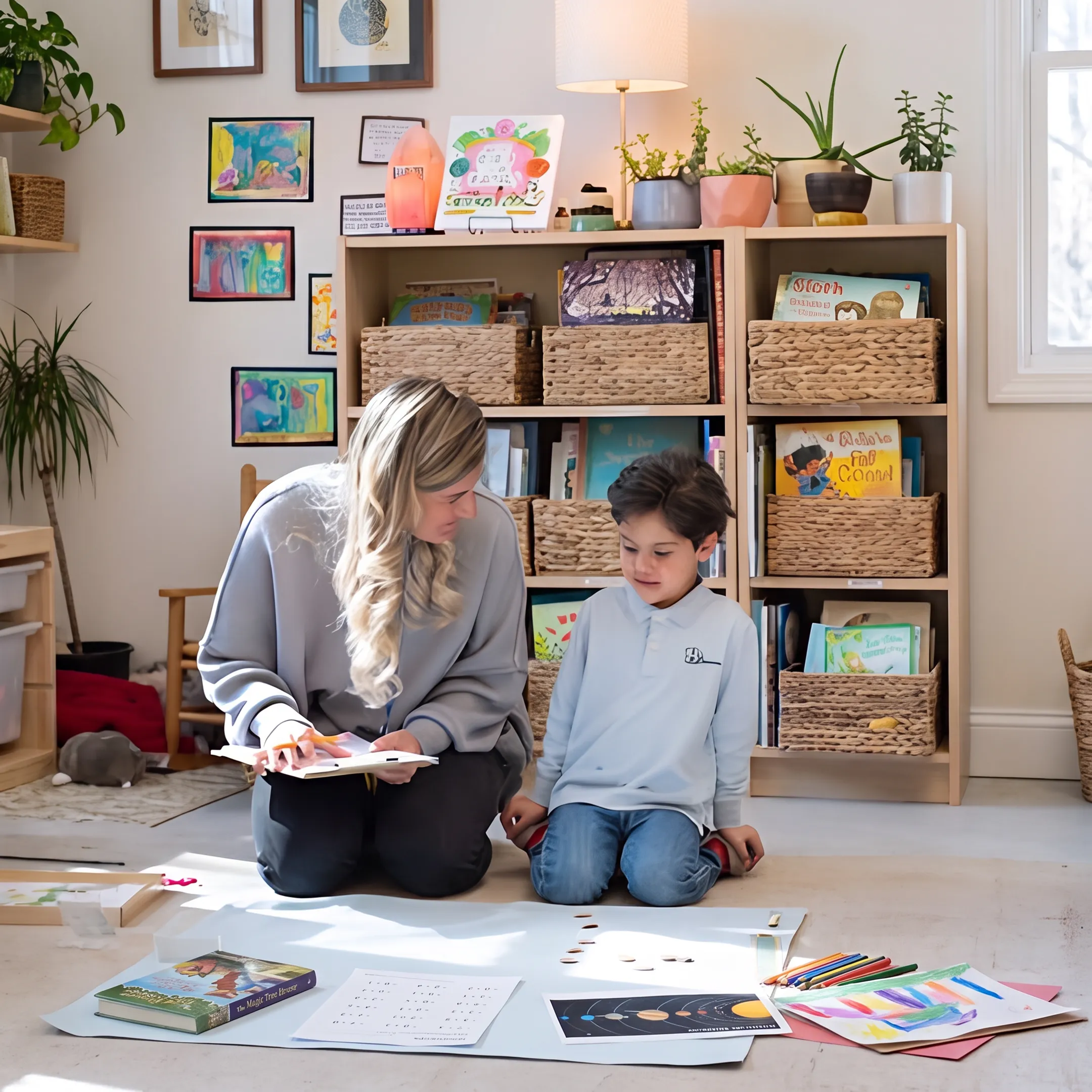 Parent guiding a third grader through secular homeschool lessons at home
