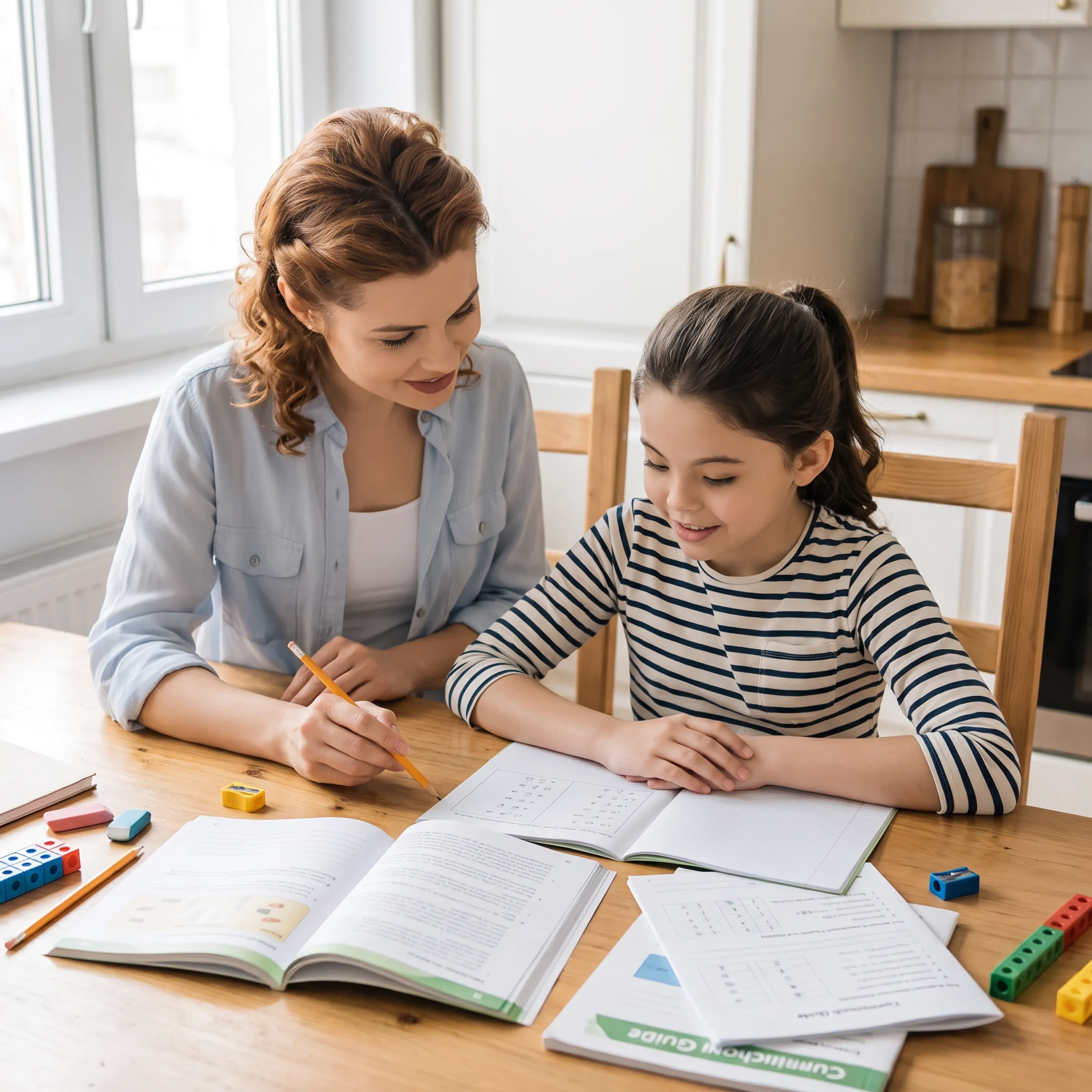 Parent guiding a child through a structured homeschool lesson at home