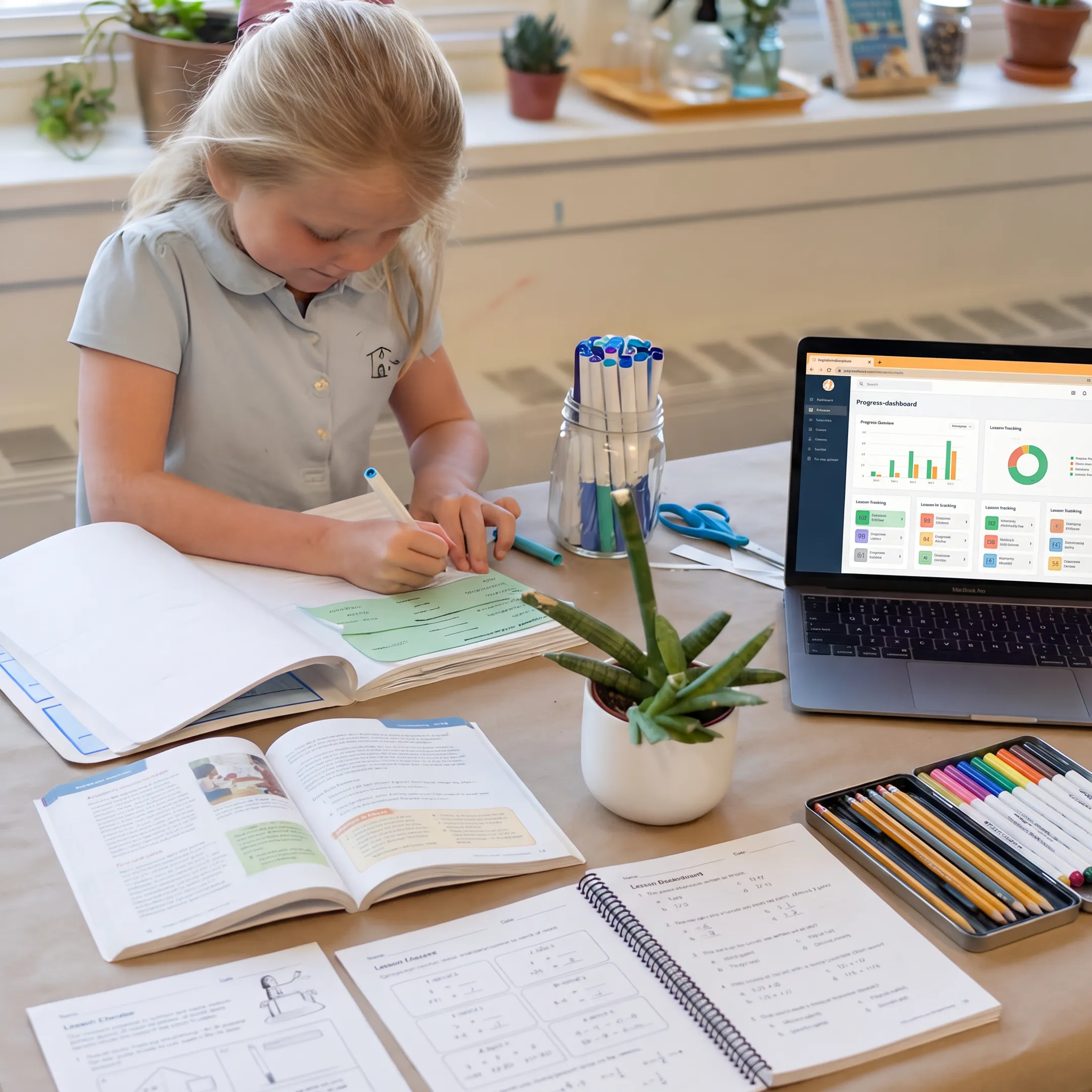 Homeschool curriculum materials arranged for a parent and learner