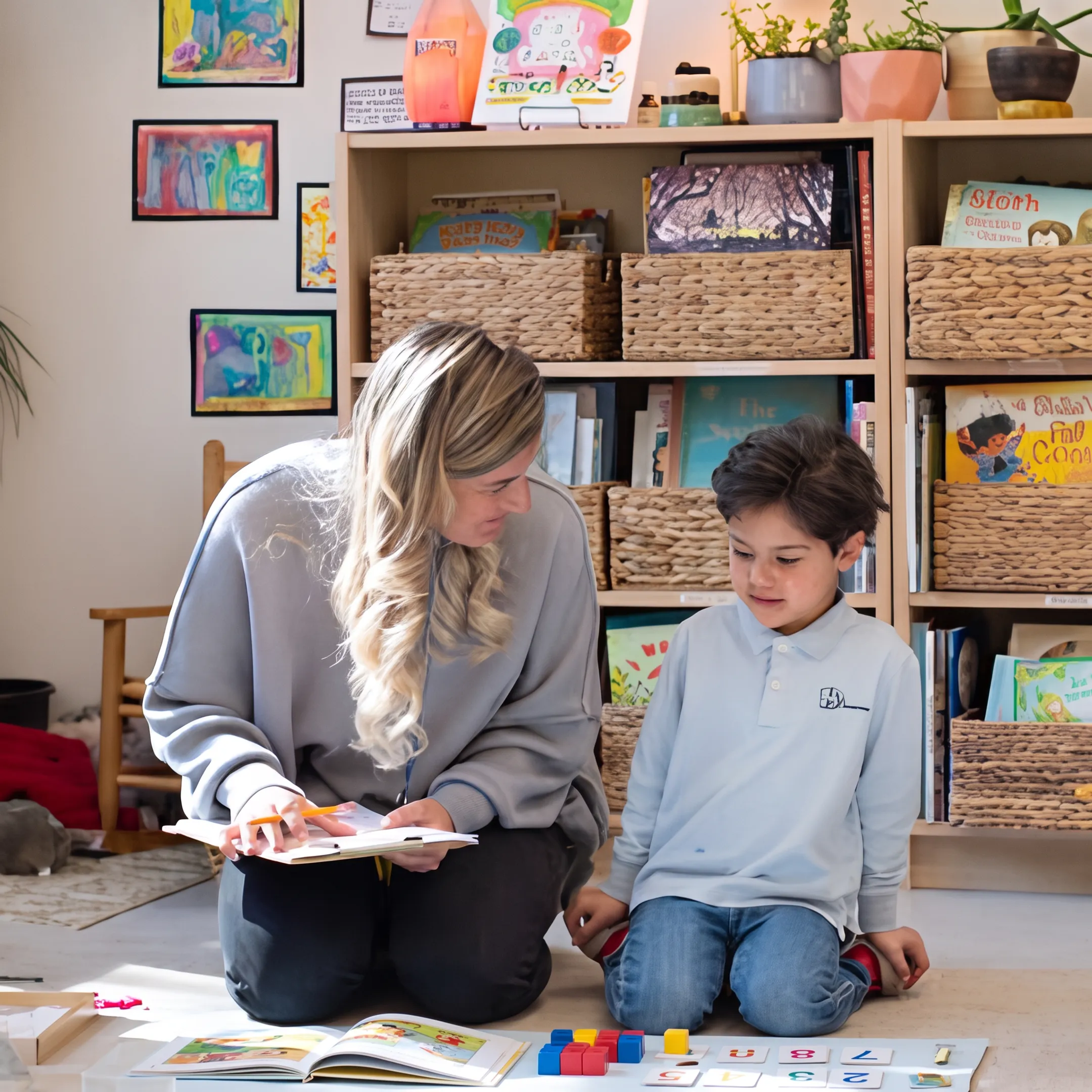 Parent guiding preschool child through a homeschool lesson at home