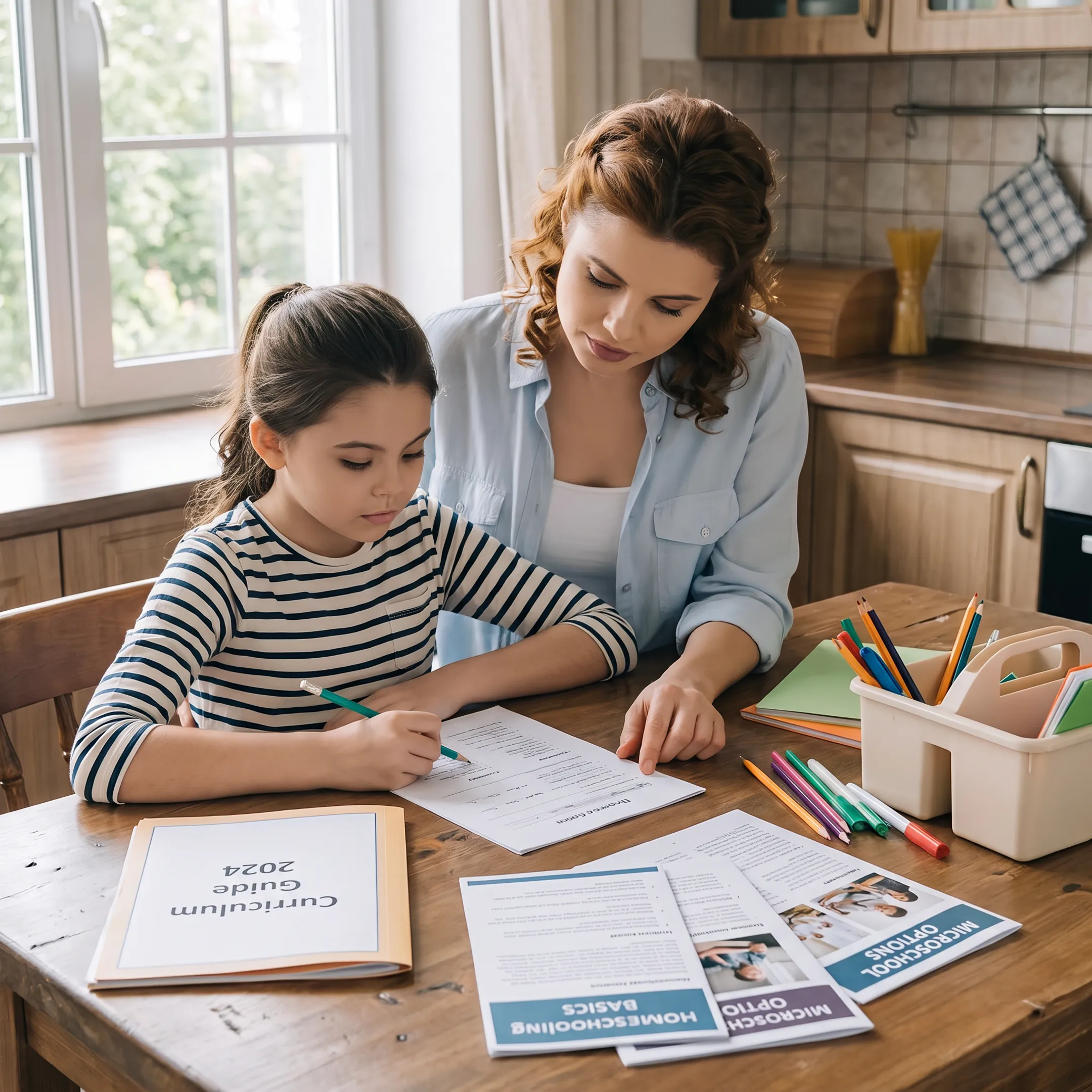 Parent reviewing microschool information with a child at home