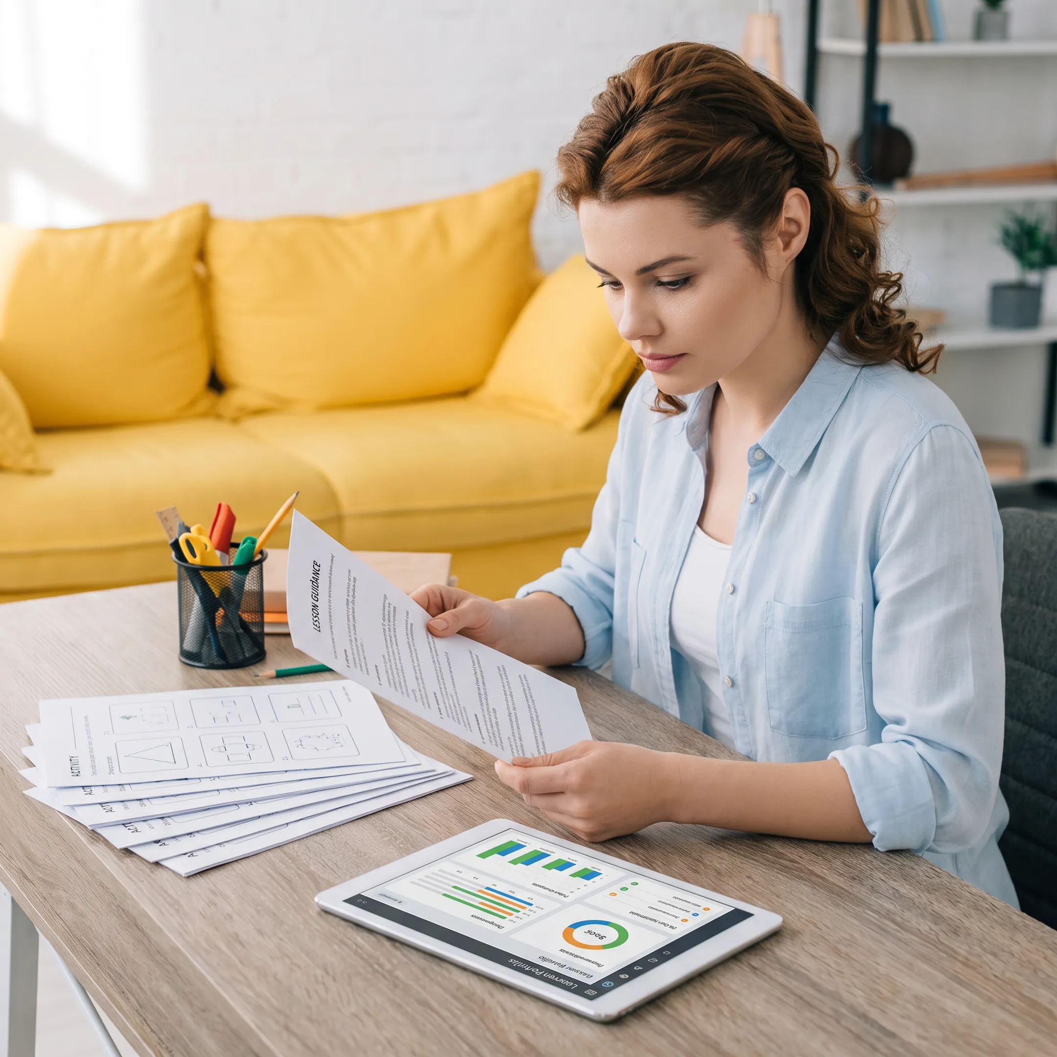 Homeschool parent reviewing curriculum guidance and learner progress materials