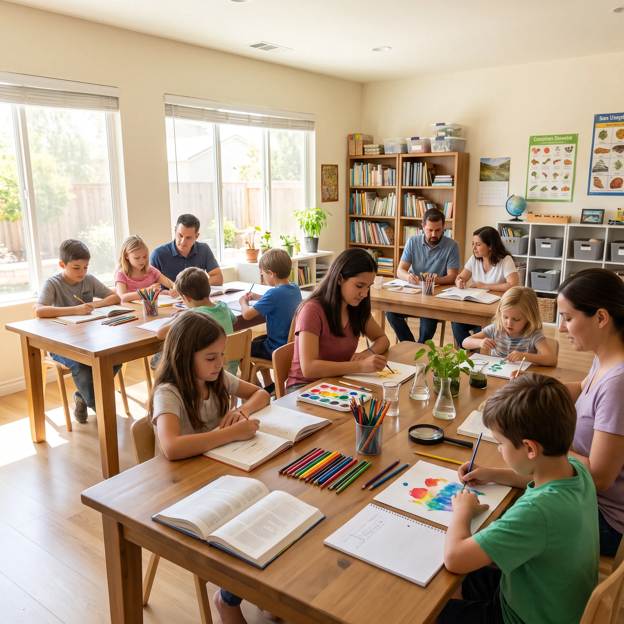 Families collaborating in a San Diego homeschool co-op learning space