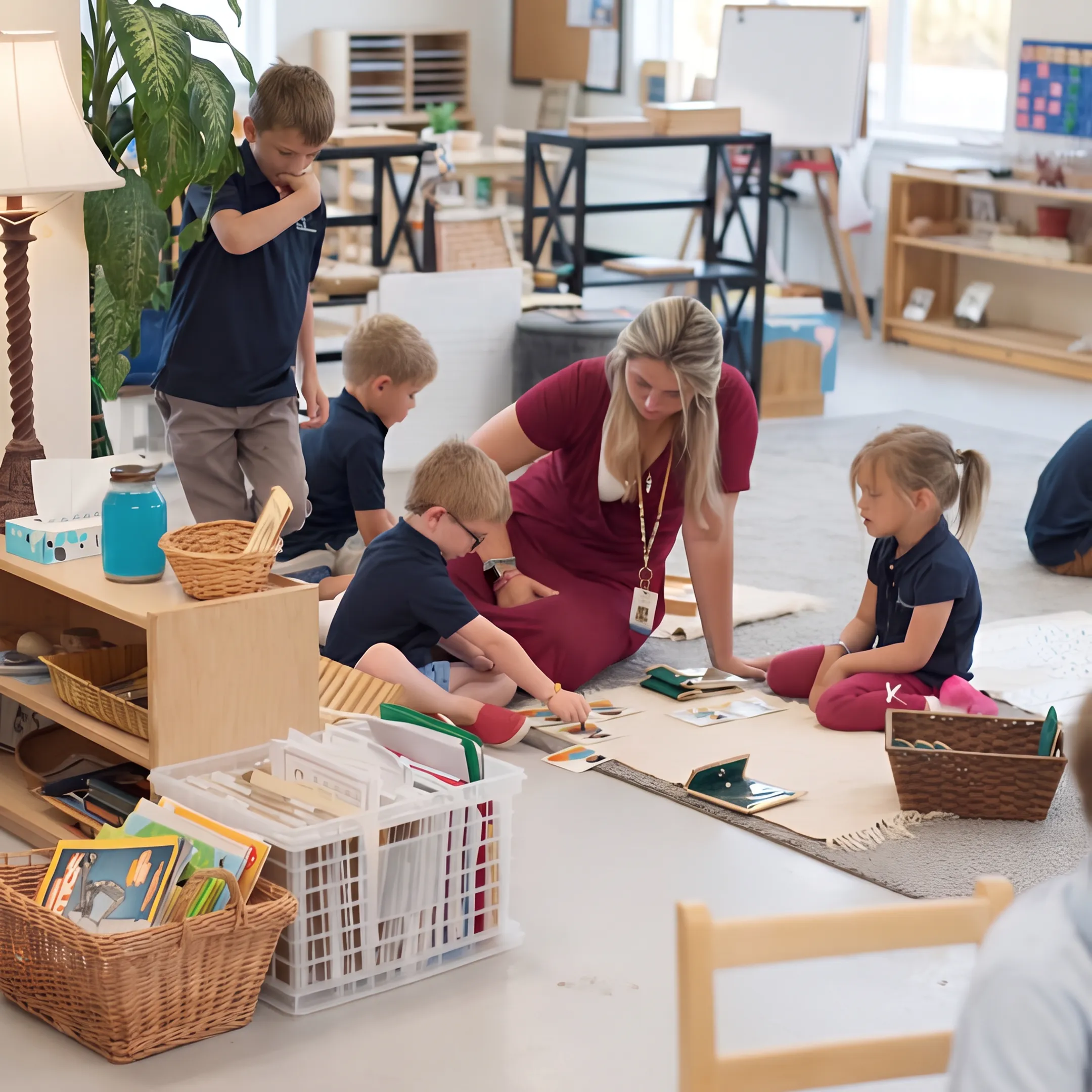 Educator supporting children during a hands-on microschool lesson