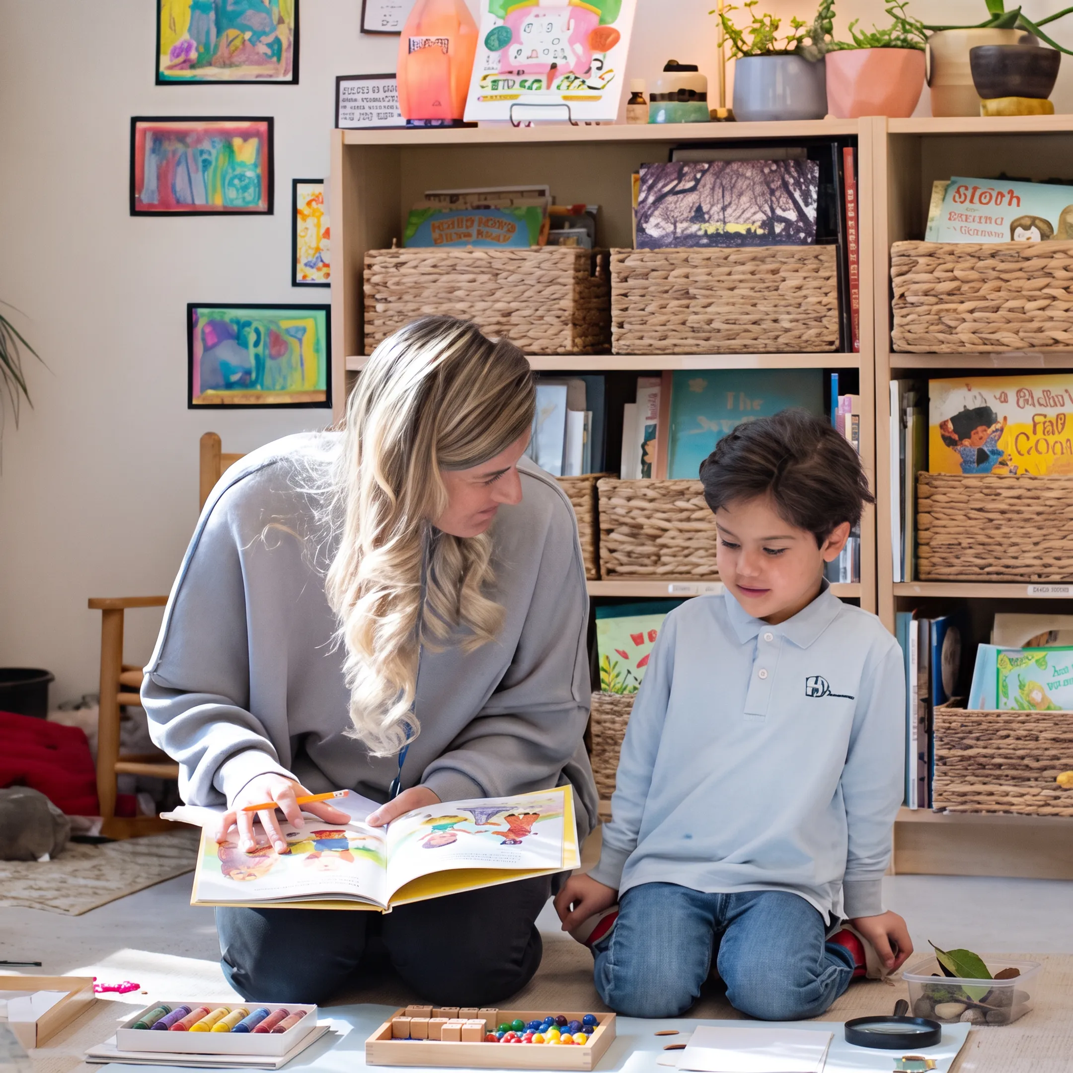 Parent guiding a preschool child through a homeschool lesson at home