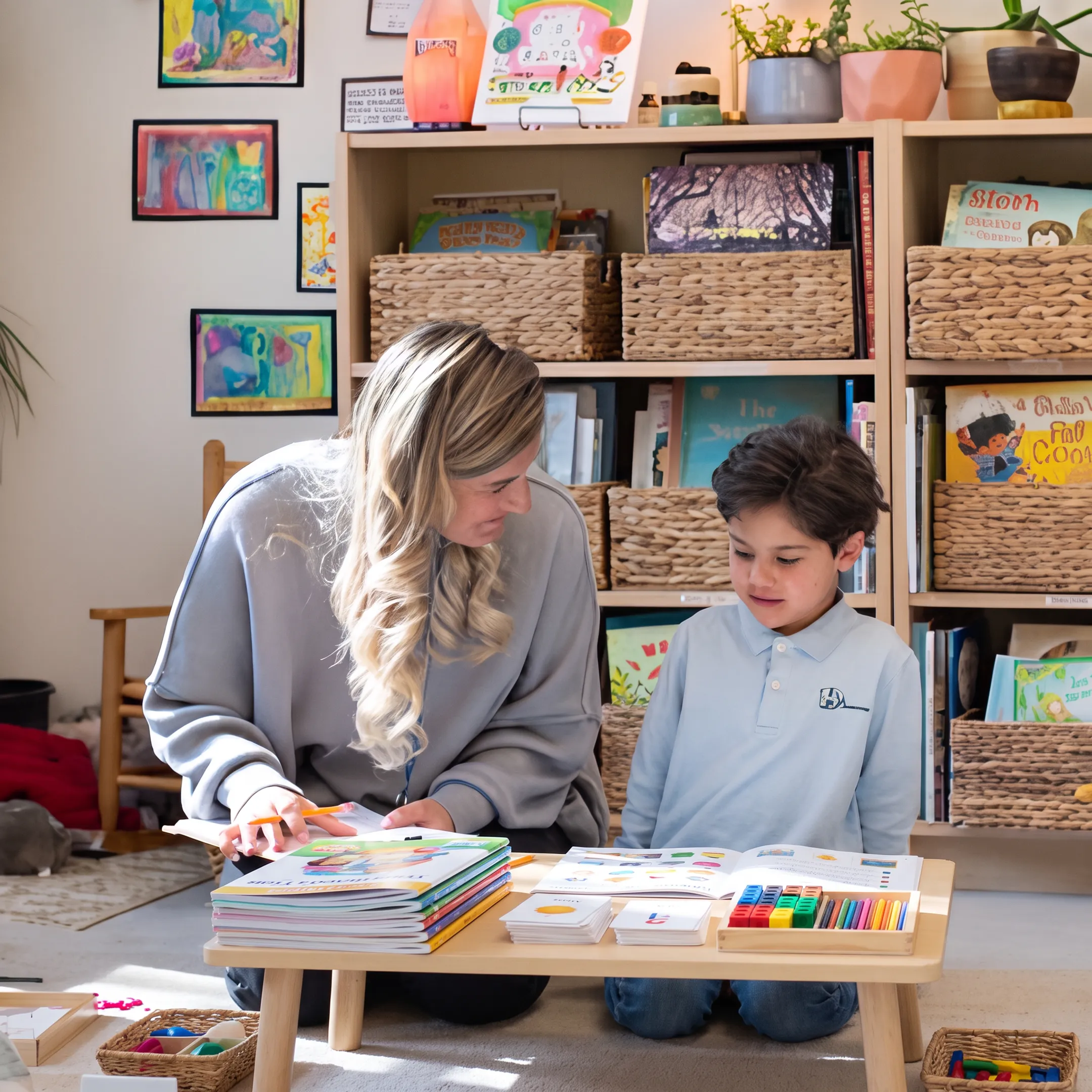 Parent using homeschool curriculum materials with a young child