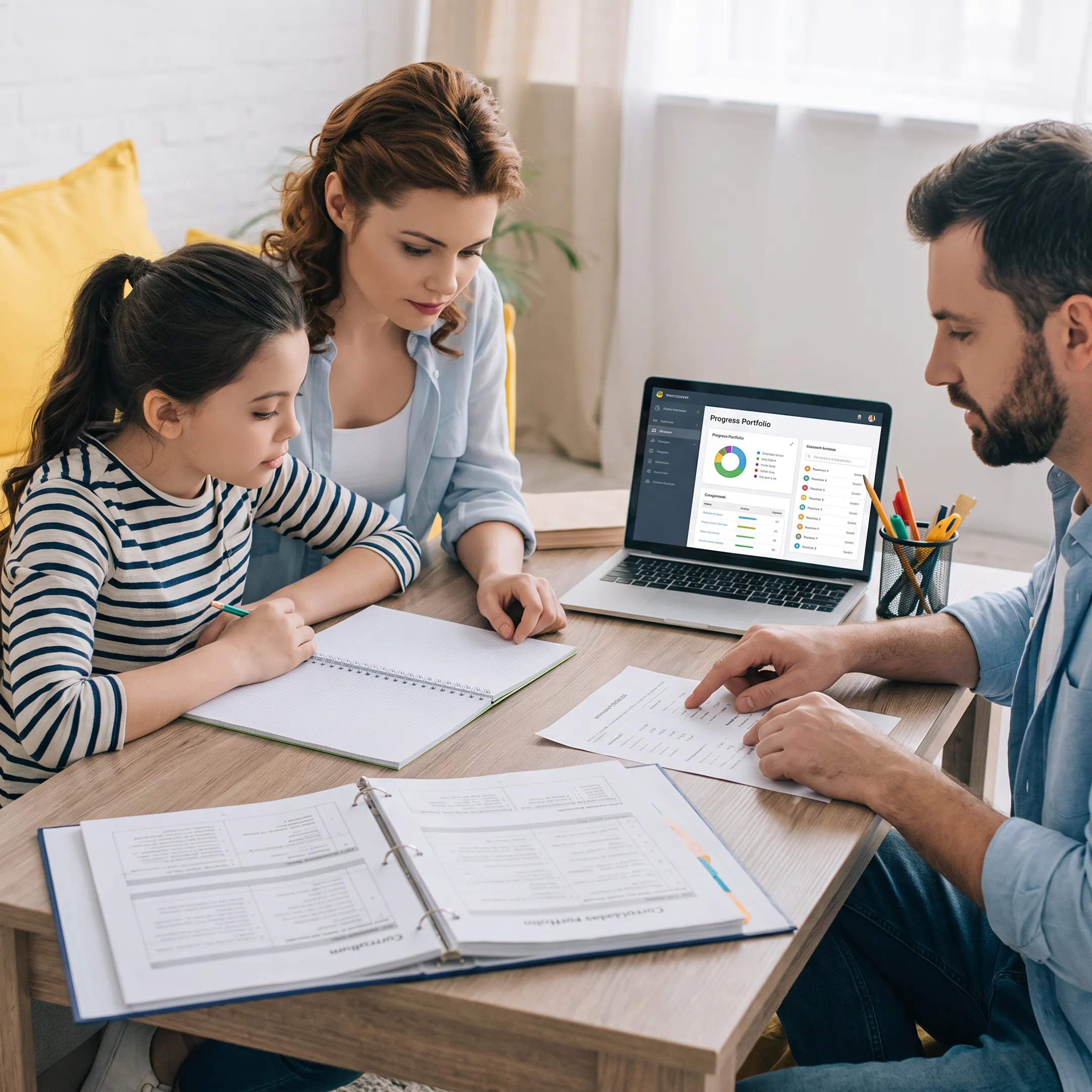 Family reviewing homeschool curriculum materials together