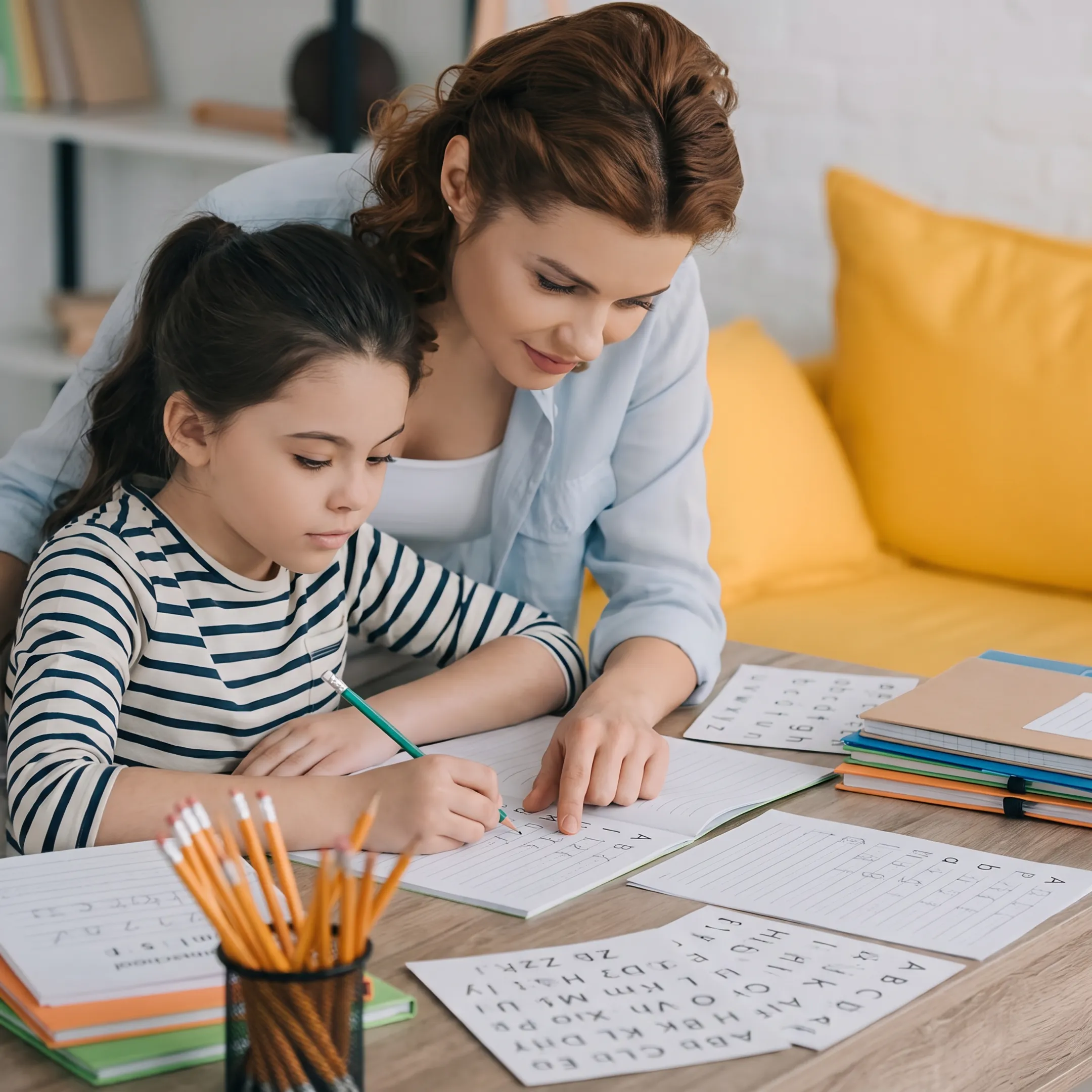 Parent and child practicing handwriting at a homeschool table