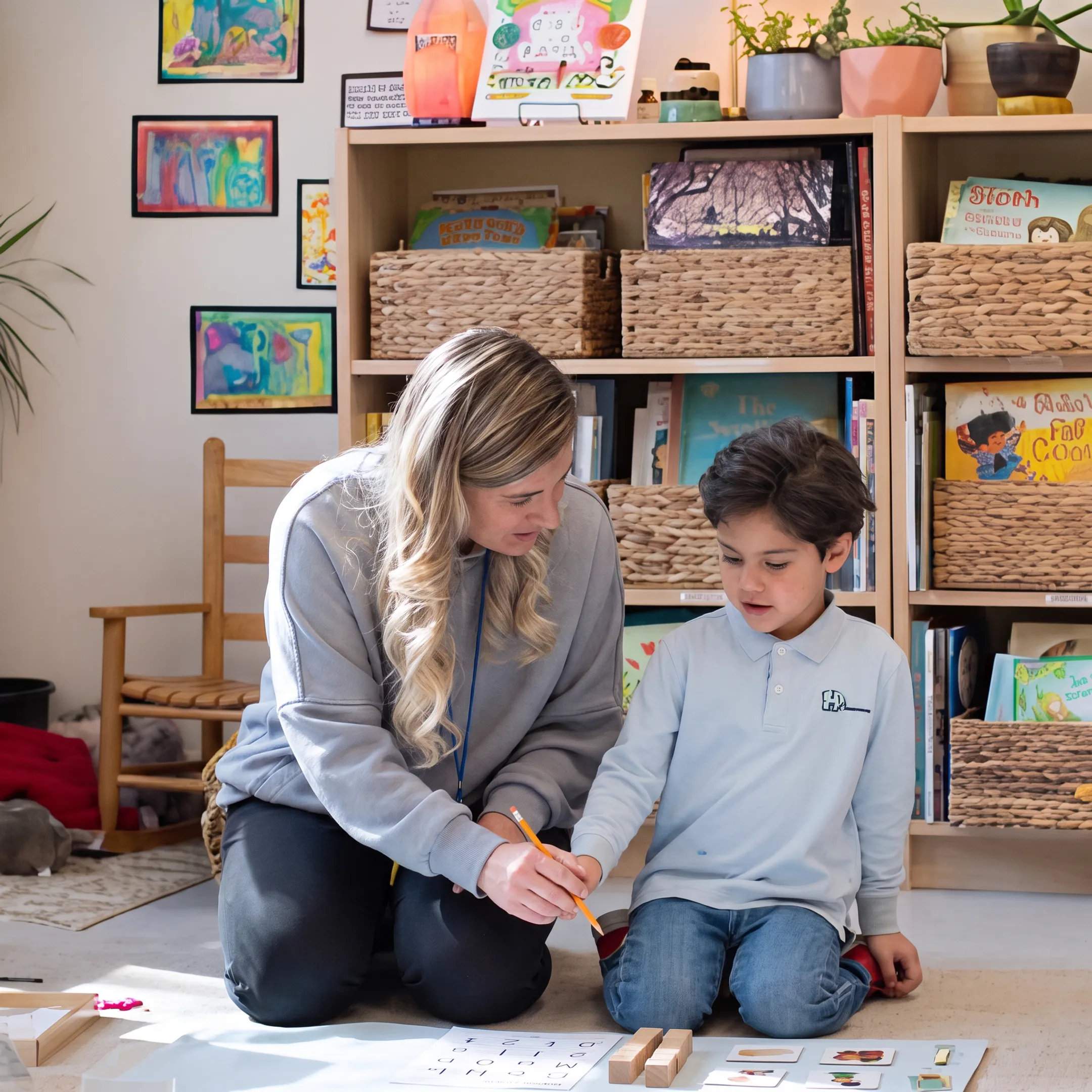Kindergartener learning with printed curriculum materials and educational activities