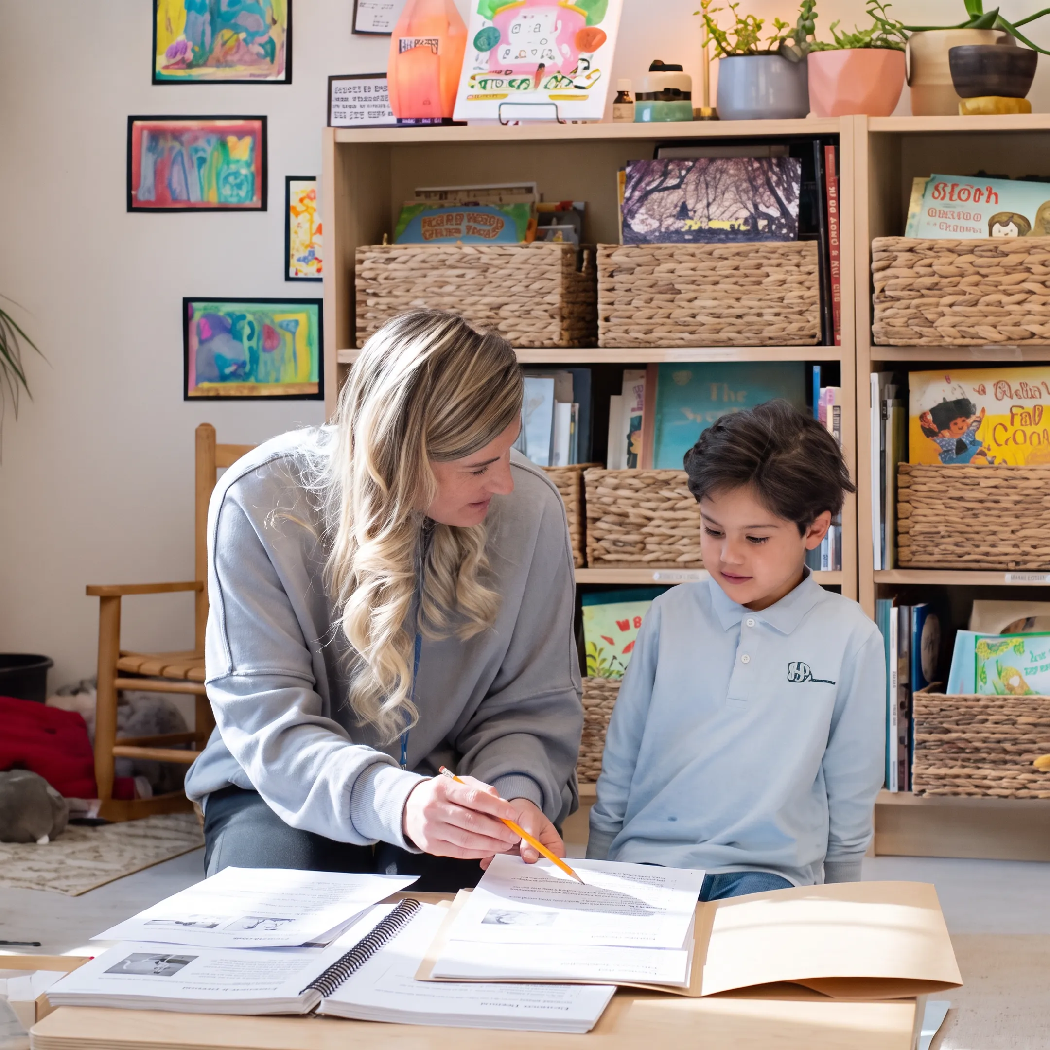 Parent and child reviewing homeschool lessons at a kitchen table