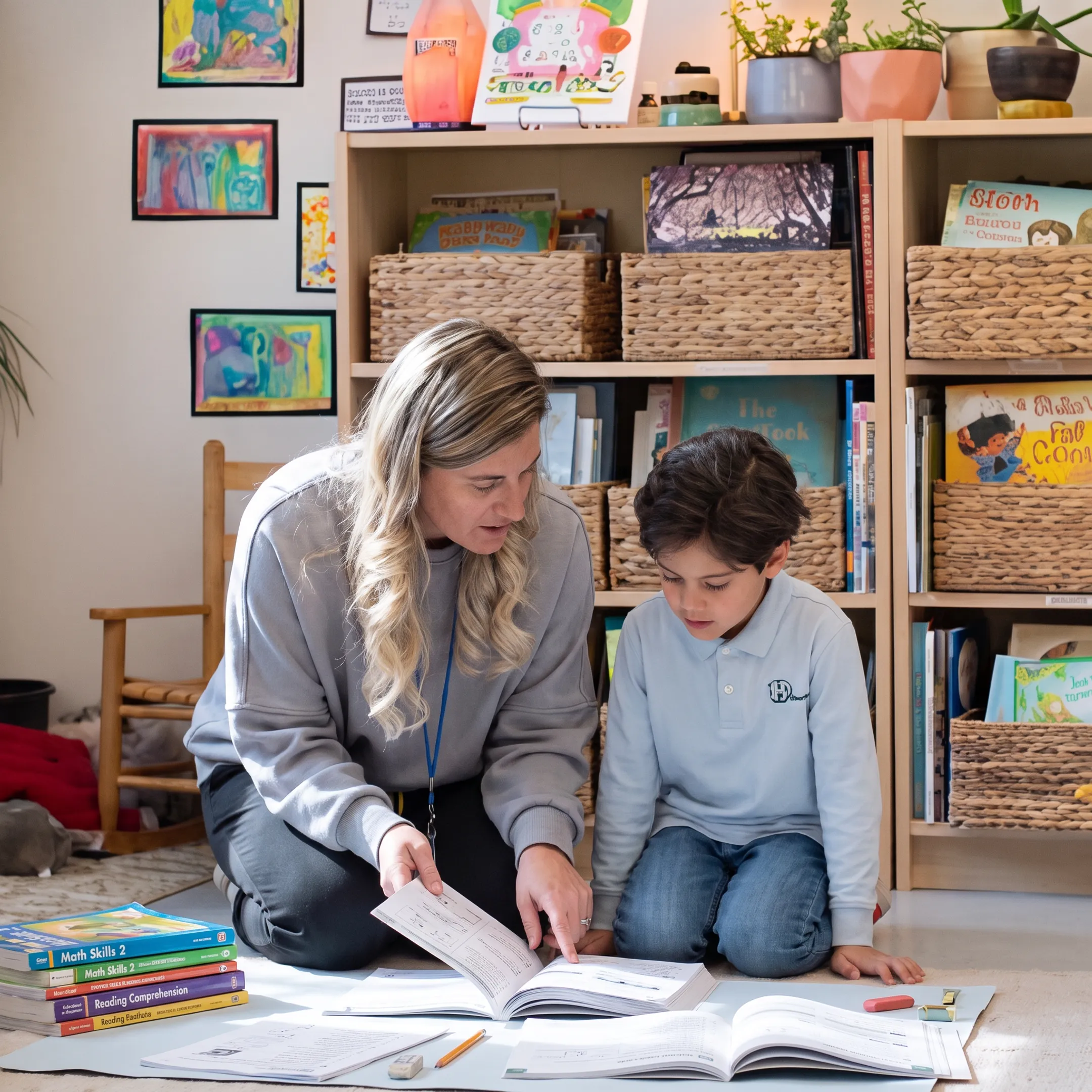 Parent and child reviewing homeschool lessons at a kitchen table