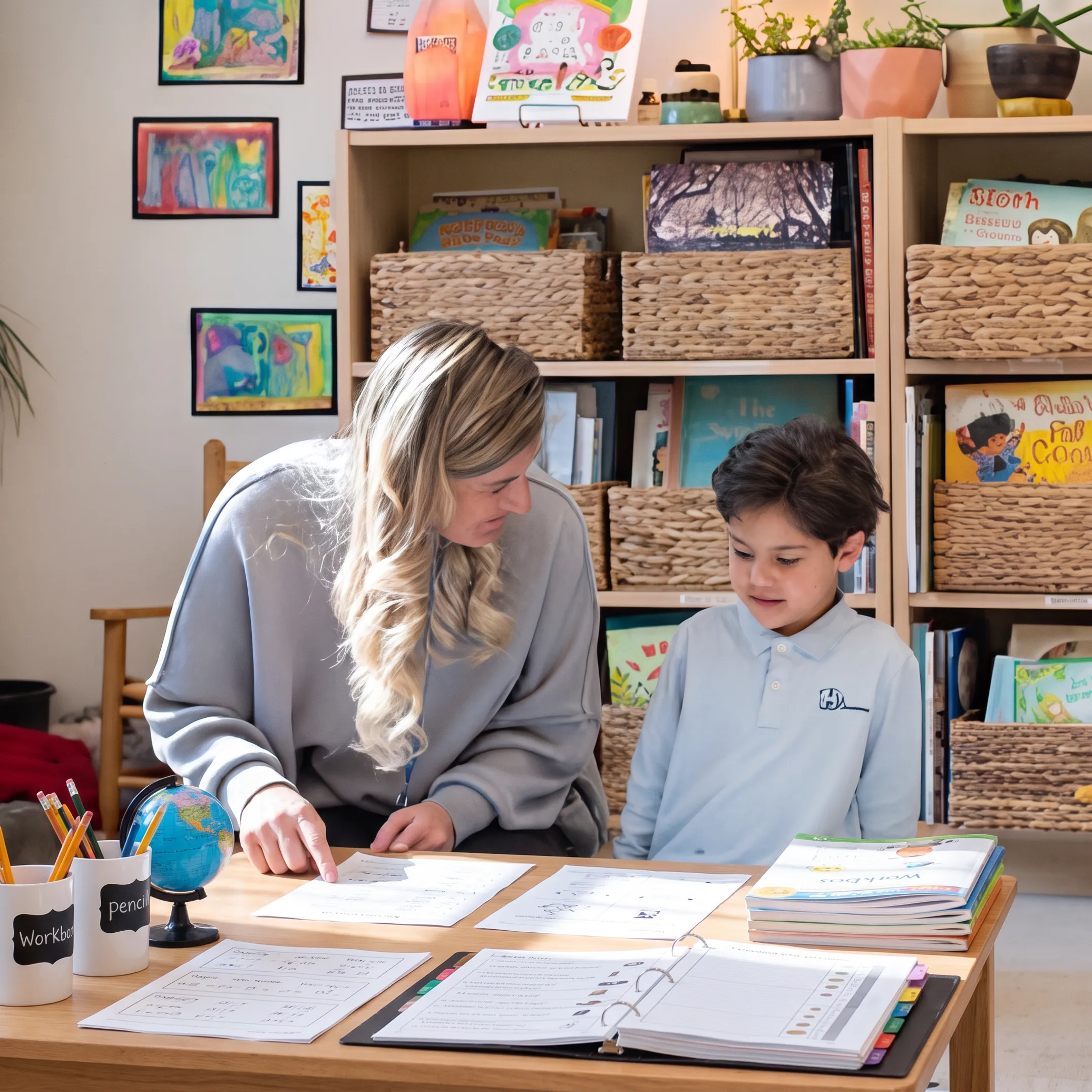 Homeschool parent using curriculum materials with child
