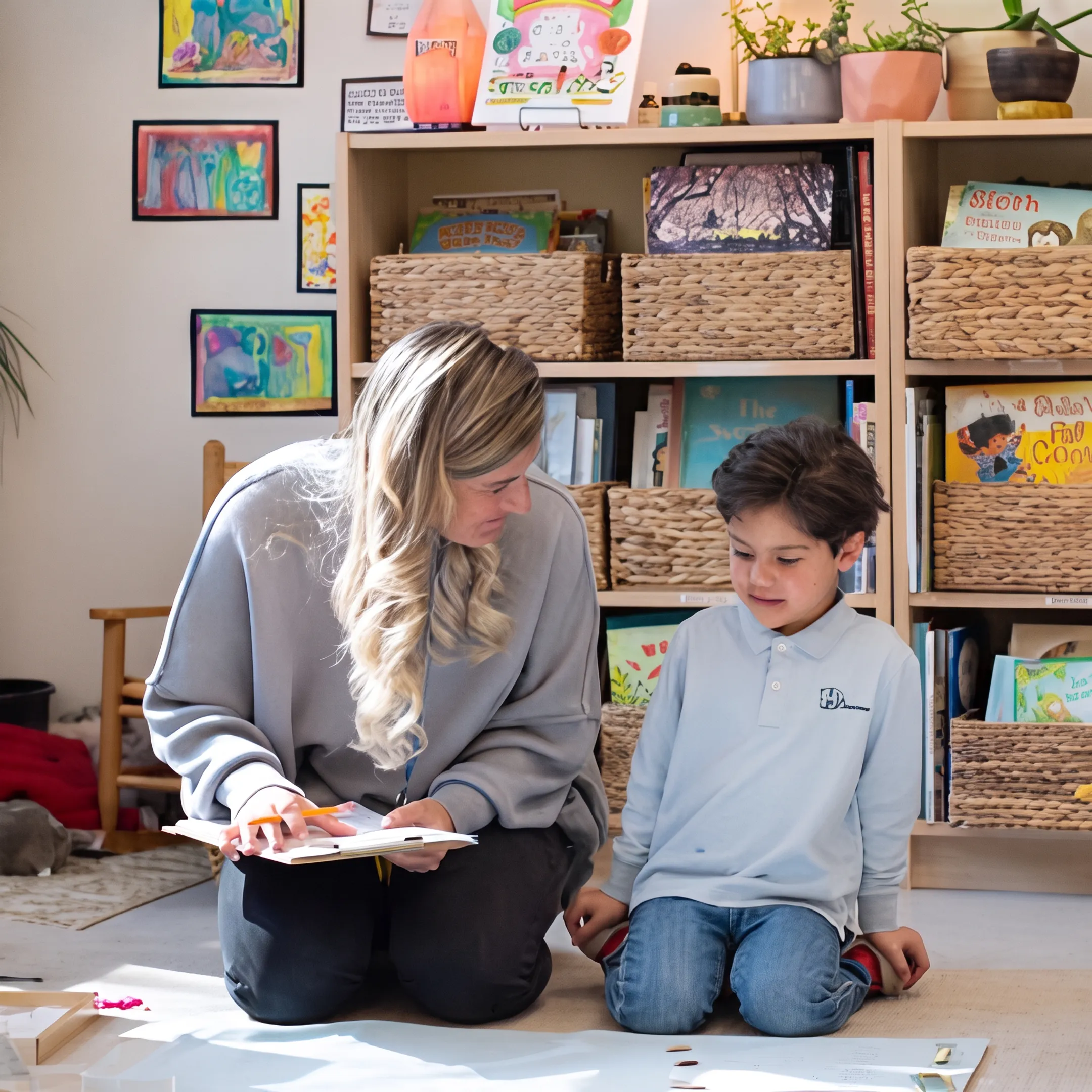 Parent and child learning together at home with homeschool materials