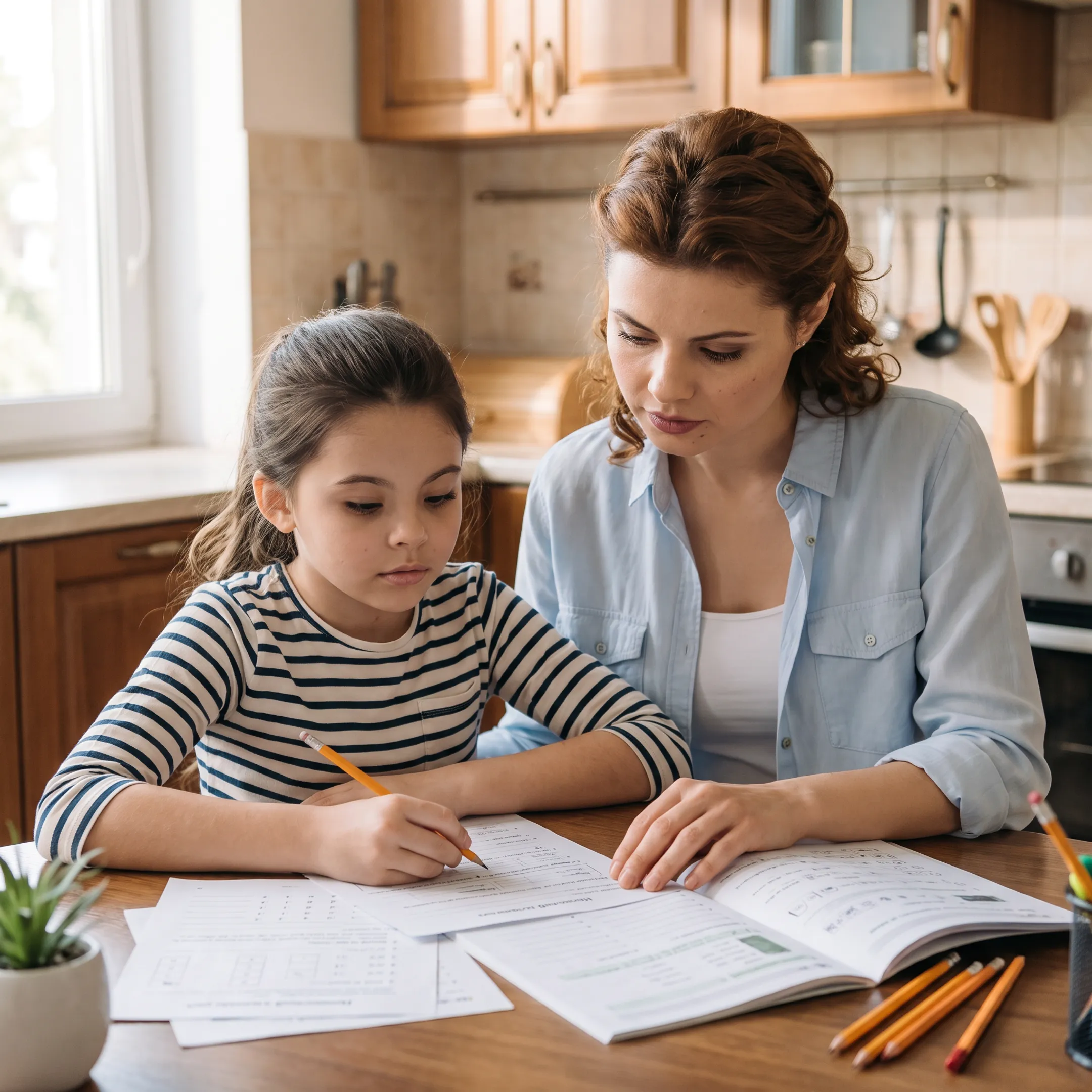 Homeschool parent reviewing curriculum with child