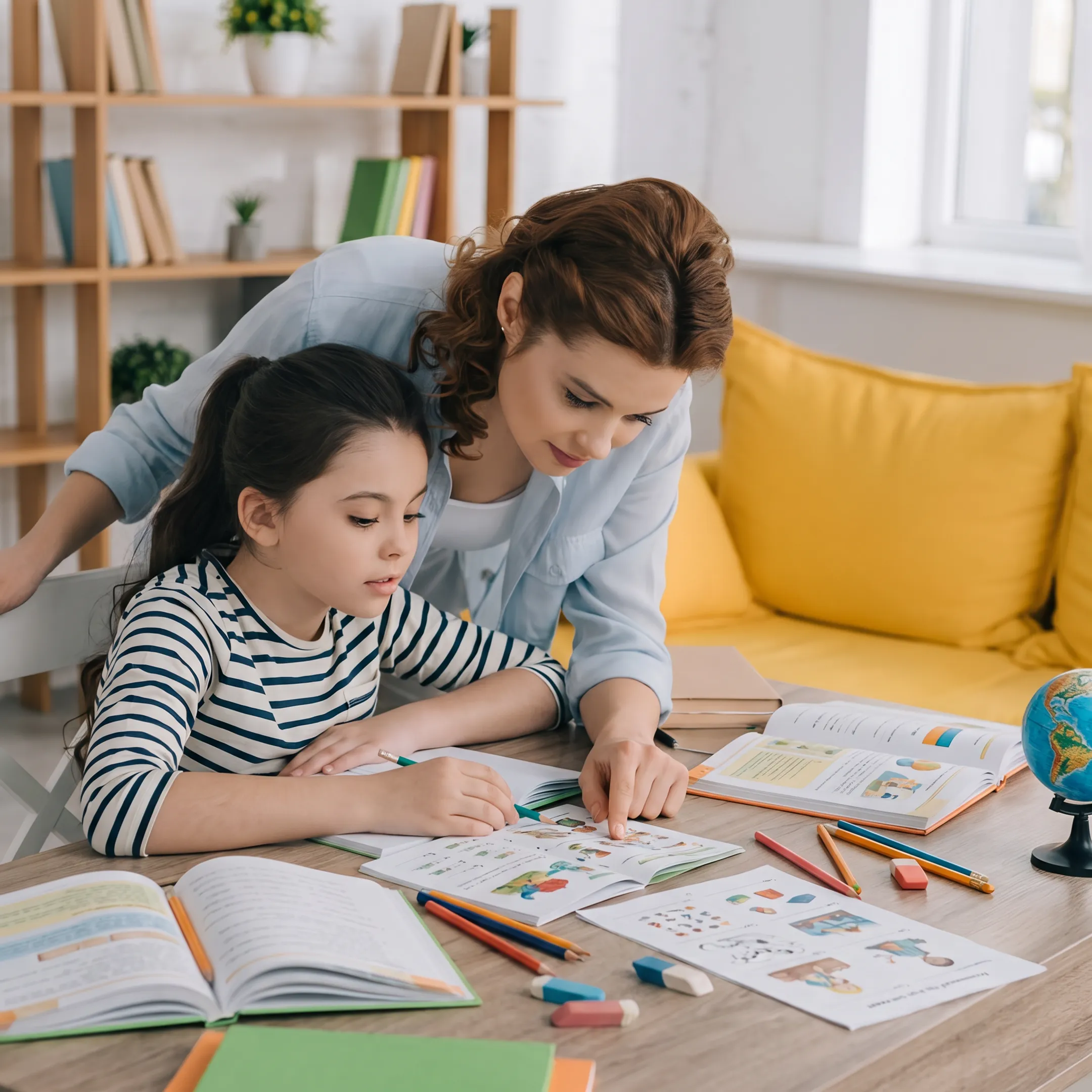 Parent and child exploring homeschool materials at home